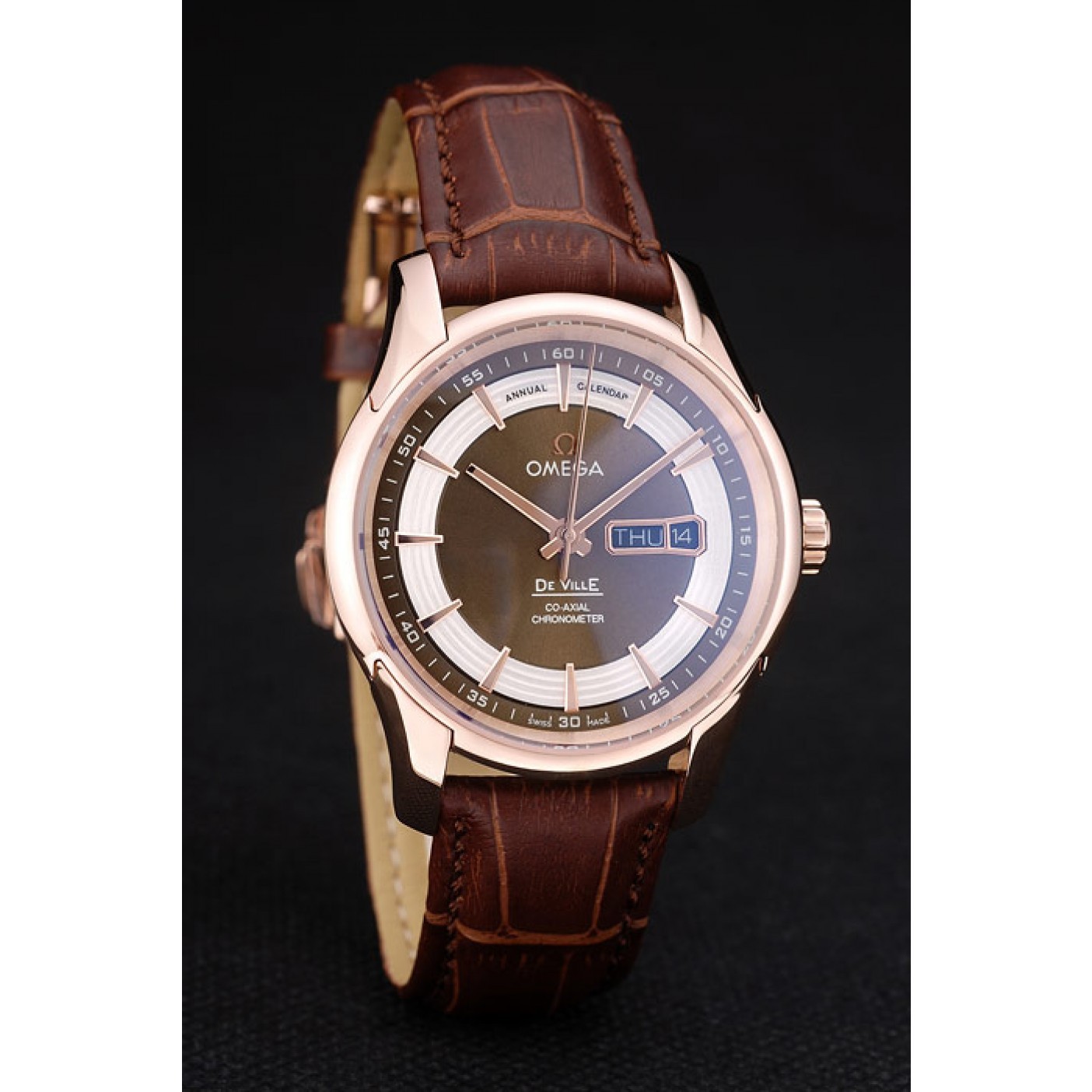 Omega Swiss DeVille Rose Gold Bezel Brown Leather Strap 7616