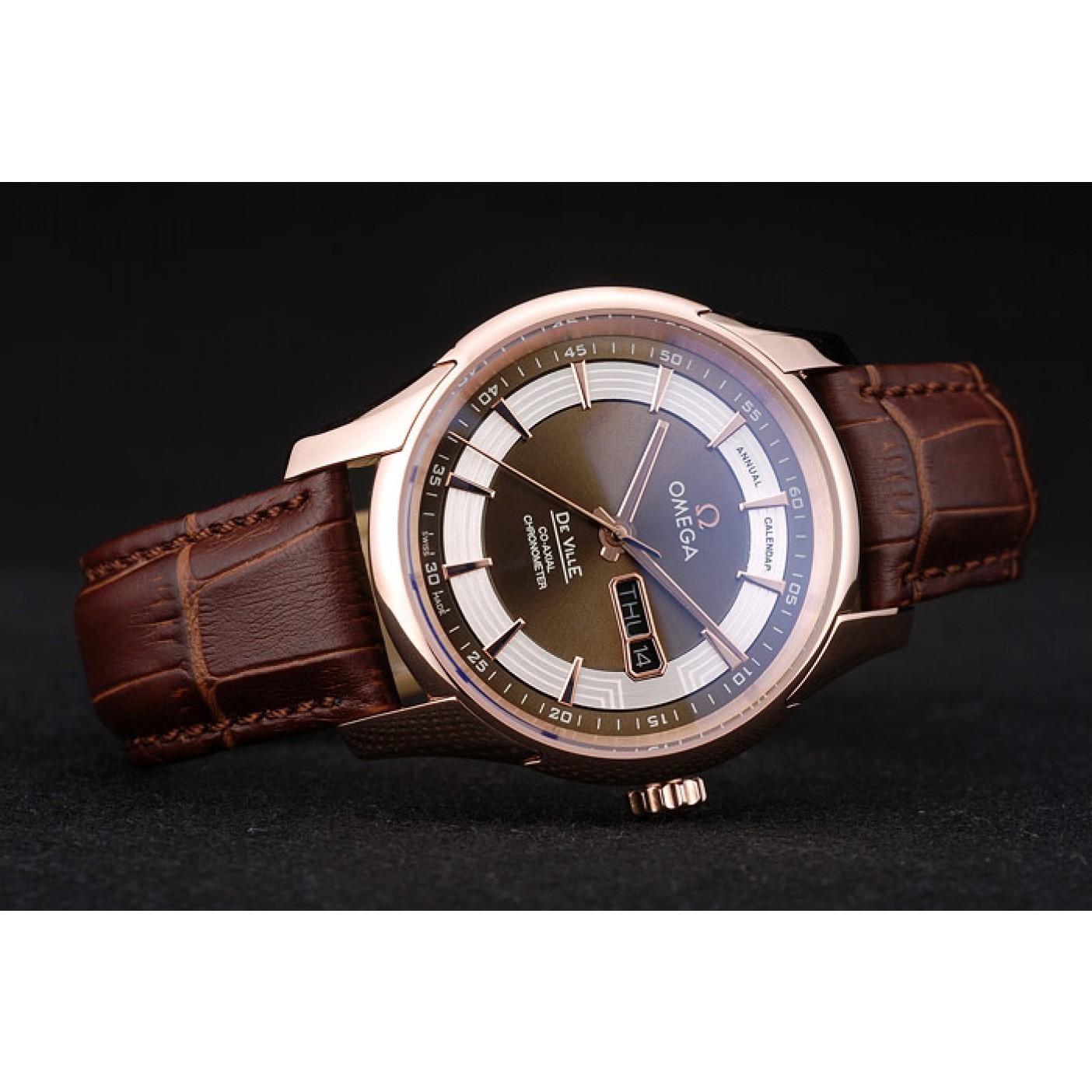 Omega Swiss DeVille Rose Gold Bezel Brown Leather Strap 7616