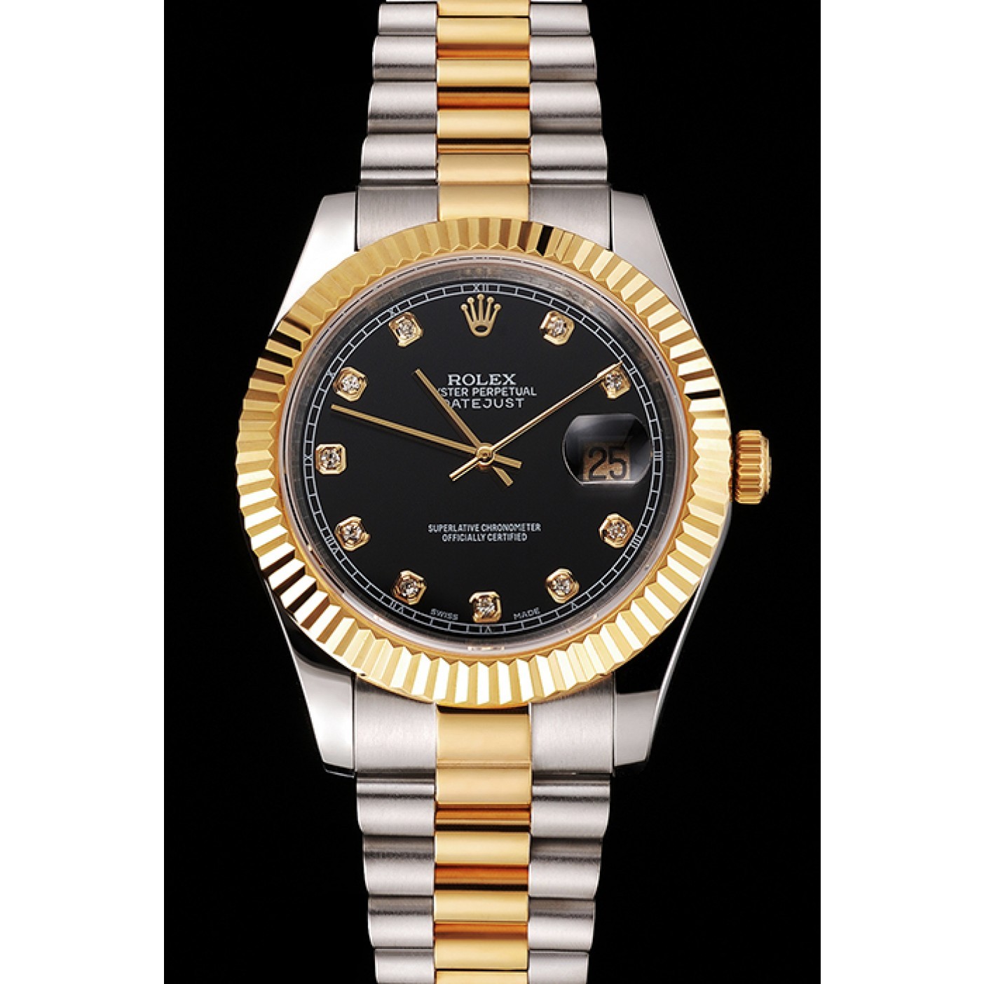 Swiss Rolex Datejust Black Dial Stainless Steel Case Gold Bezel Two Tone Bracelet