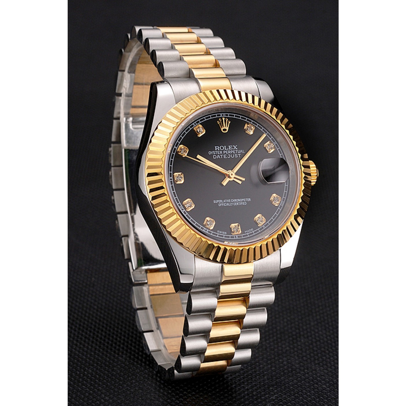 RepTime Watches Swiss Rolex Datejust Black Dial Stainless Steel Case Gold Bezel Two Tone Bracelet