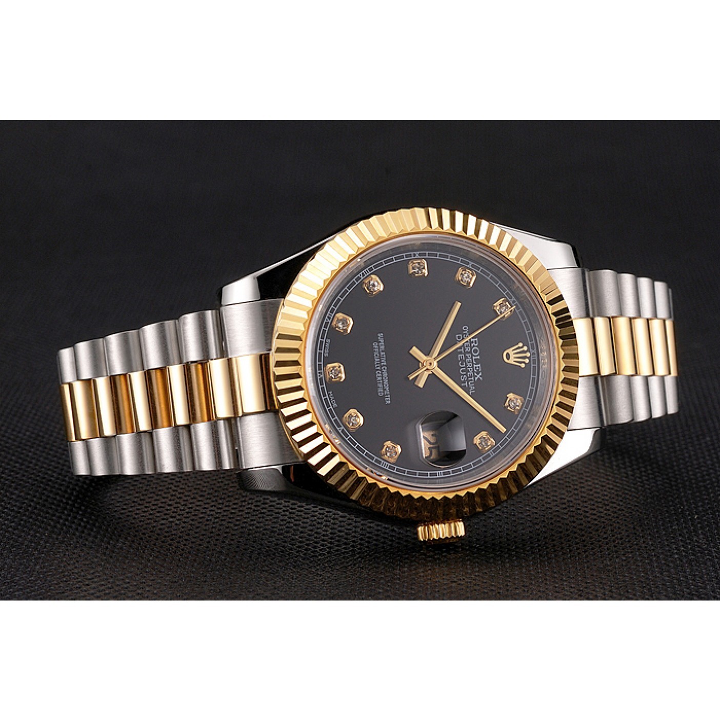 Swiss Rolex Datejust Black Dial Stainless Steel Case Gold Bezel Two Tone Bracelet