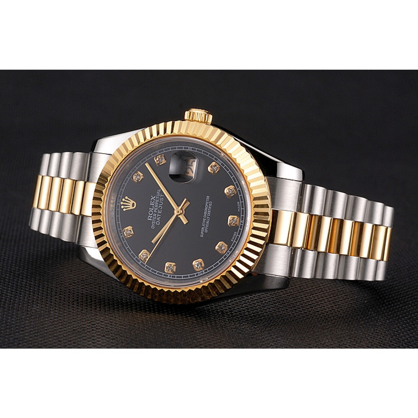 Swiss Rolex Datejust Black Dial Stainless Steel Case Gold Bezel Two Tone Bracelet