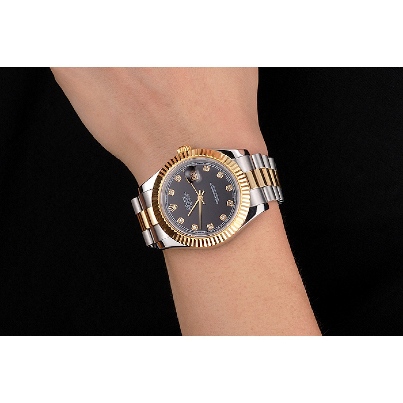 Swiss Rolex Datejust Black Dial Stainless Steel Case Gold Bezel Two Tone Bracelet