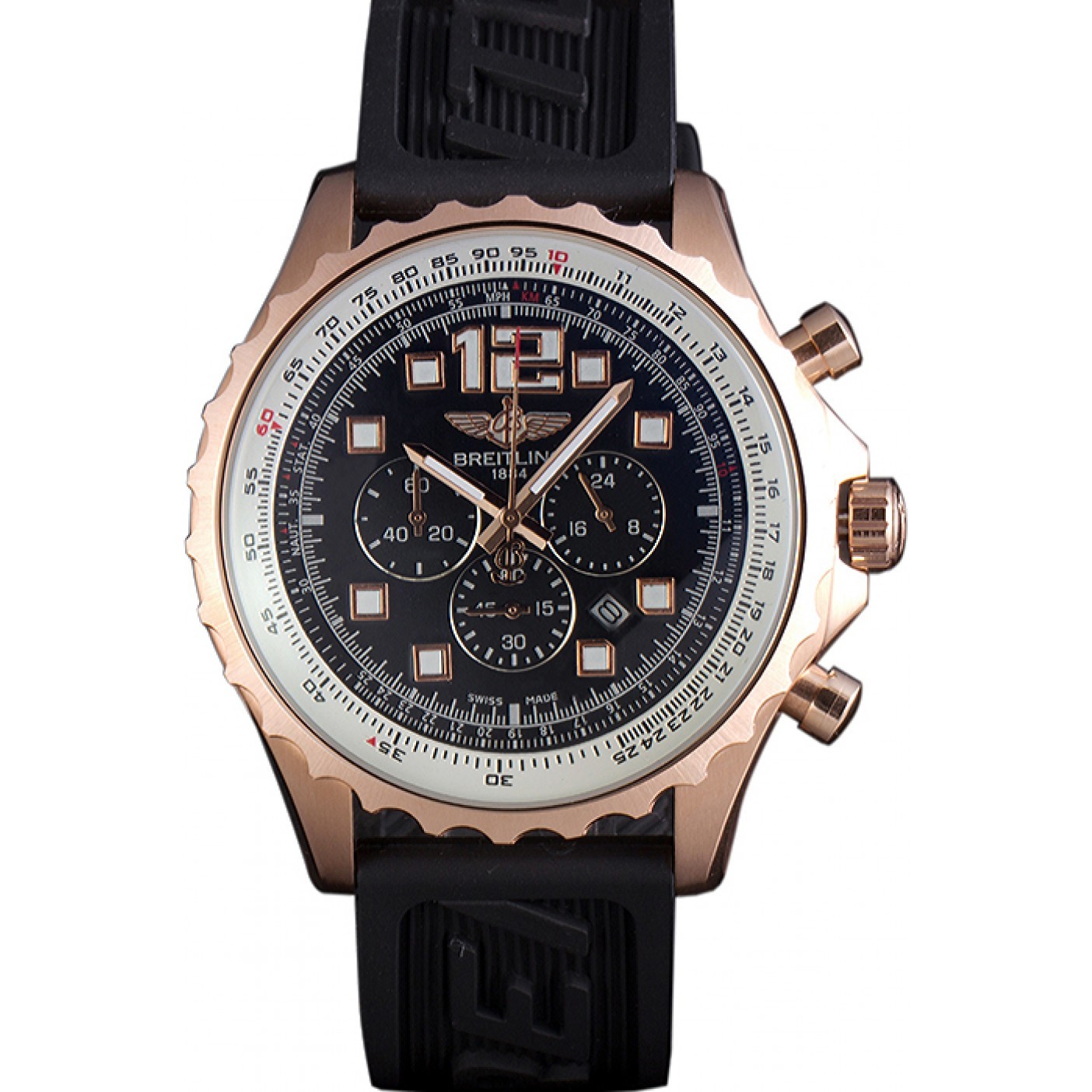 Breitling Navitimer Rosegold Bezel Rubber Strap Black Dial