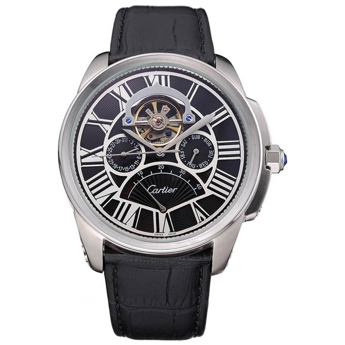 Cartier Calibre Tourbillon Black Dial Stainless Steel Case Black Leather Strap 622752