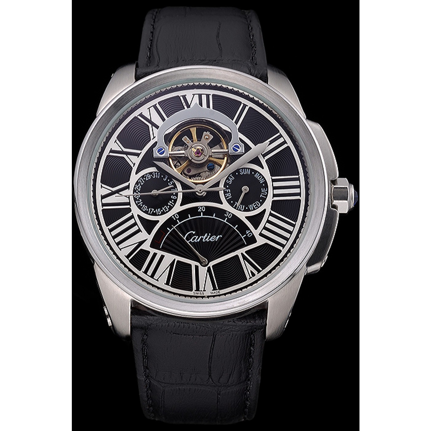 Cartier Calibre Tourbillon Black Dial Stainless Steel Case Black Leather Strap 622752