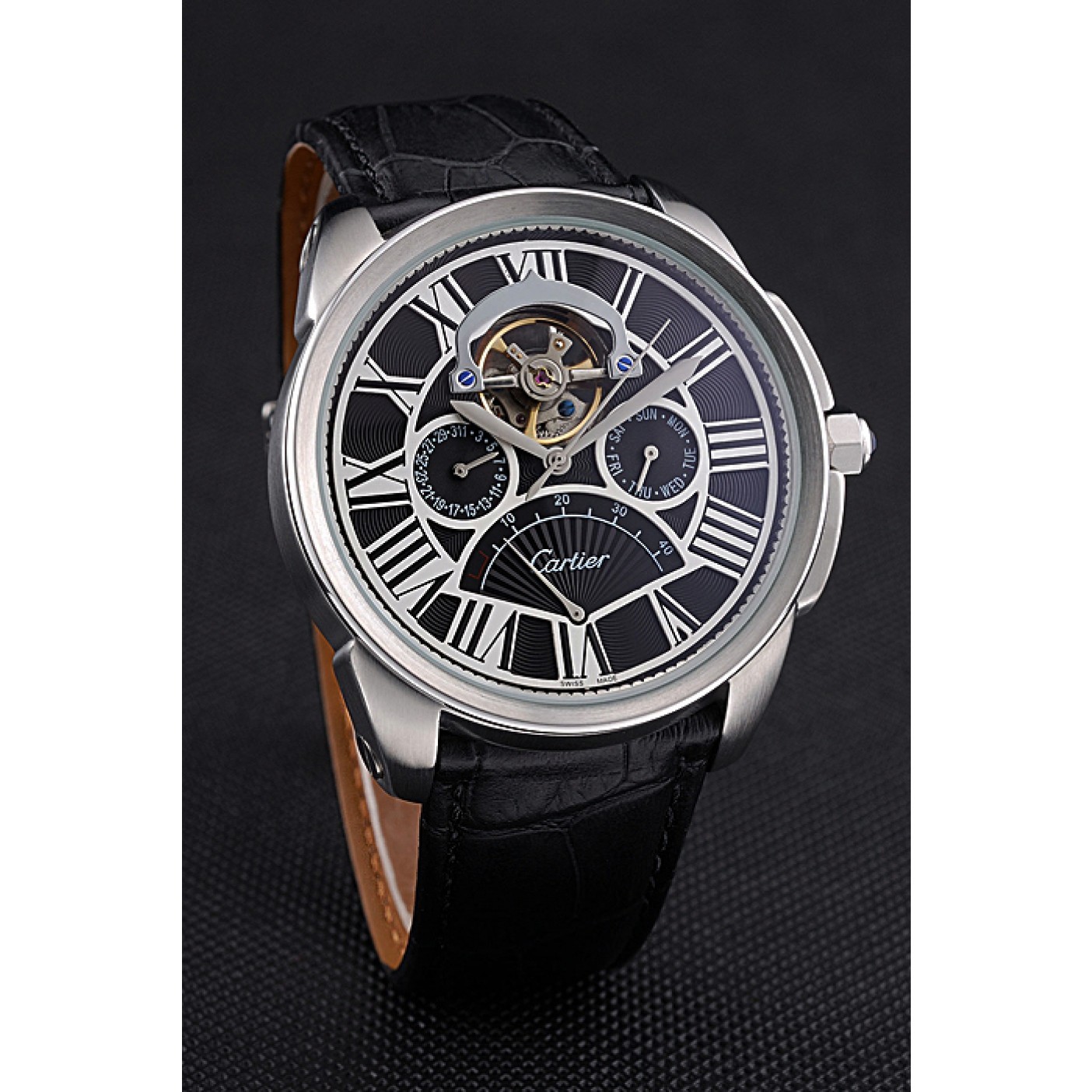 Cartier Calibre Tourbillon Black Dial Stainless Steel Case Black Leather Strap 622752