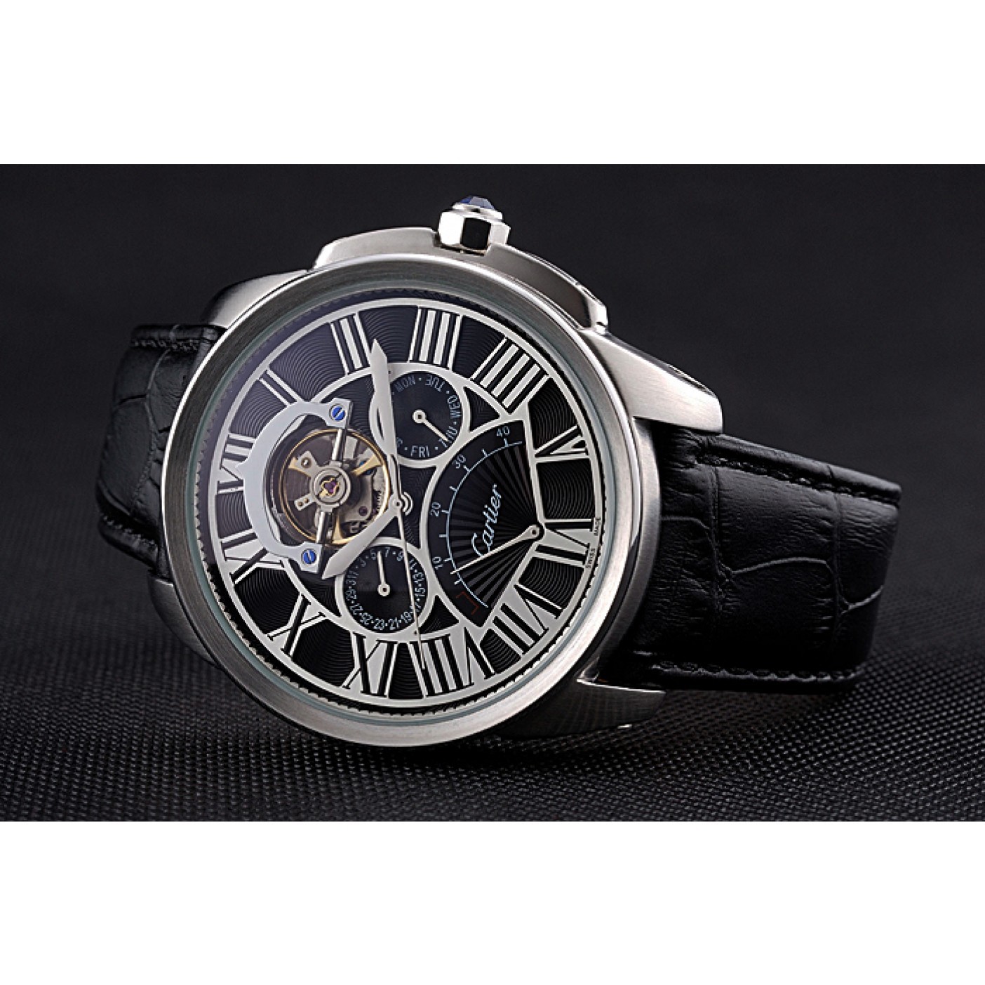 Cartier Calibre Tourbillon Black Dial Stainless Steel Case Black Leather Strap 622752