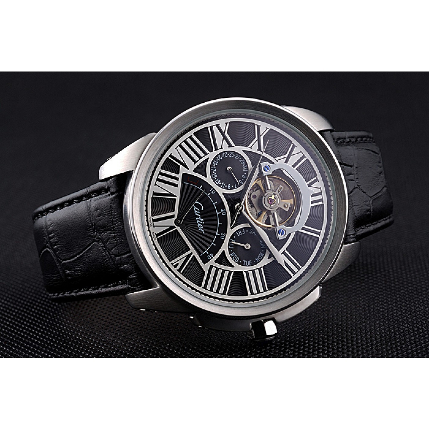 Cartier Calibre Tourbillon Black Dial Stainless Steel Case Black Leather Strap 622752