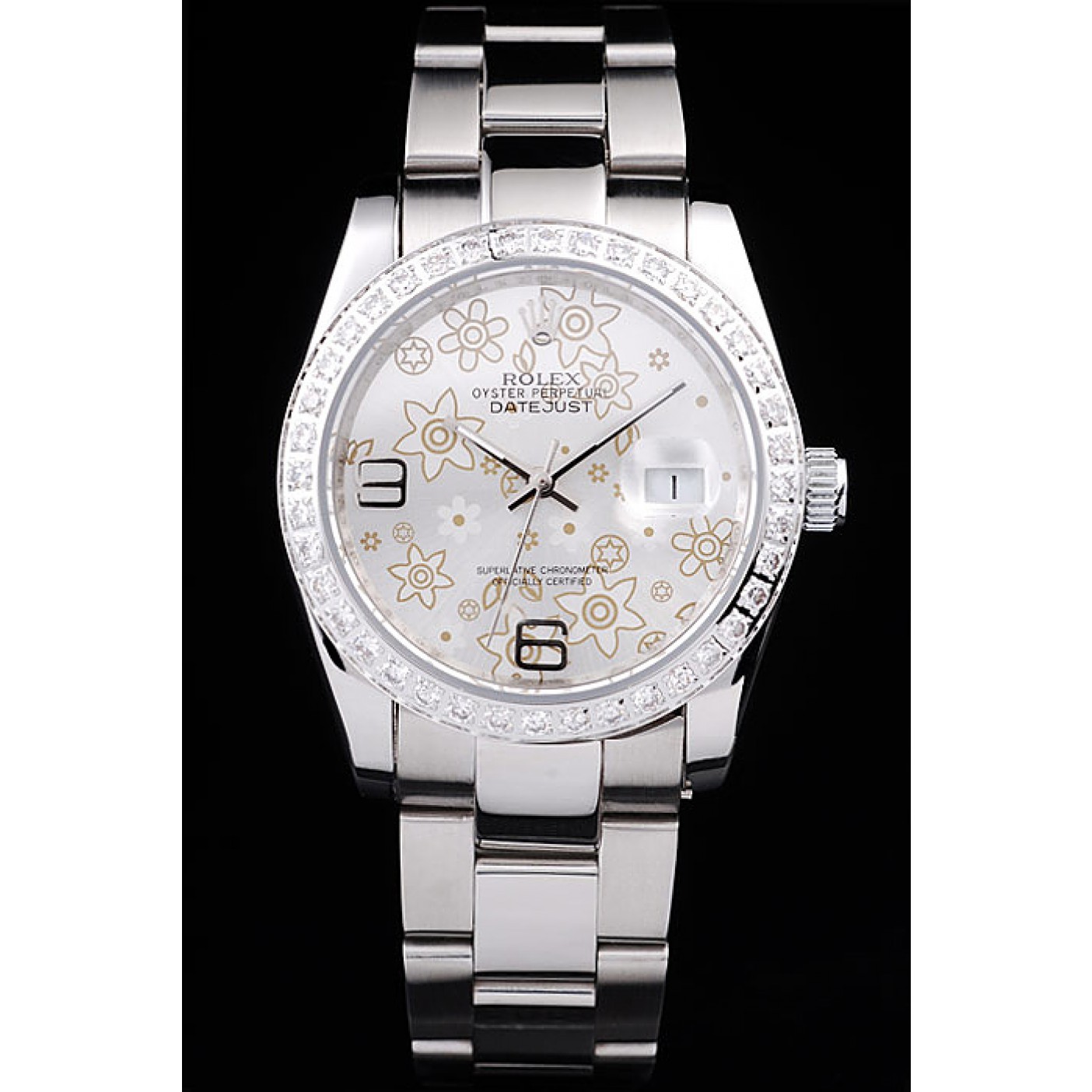 Rolex Datejust Polished Stainless Steel Silver Flowers Dial Diamond Plated 98081