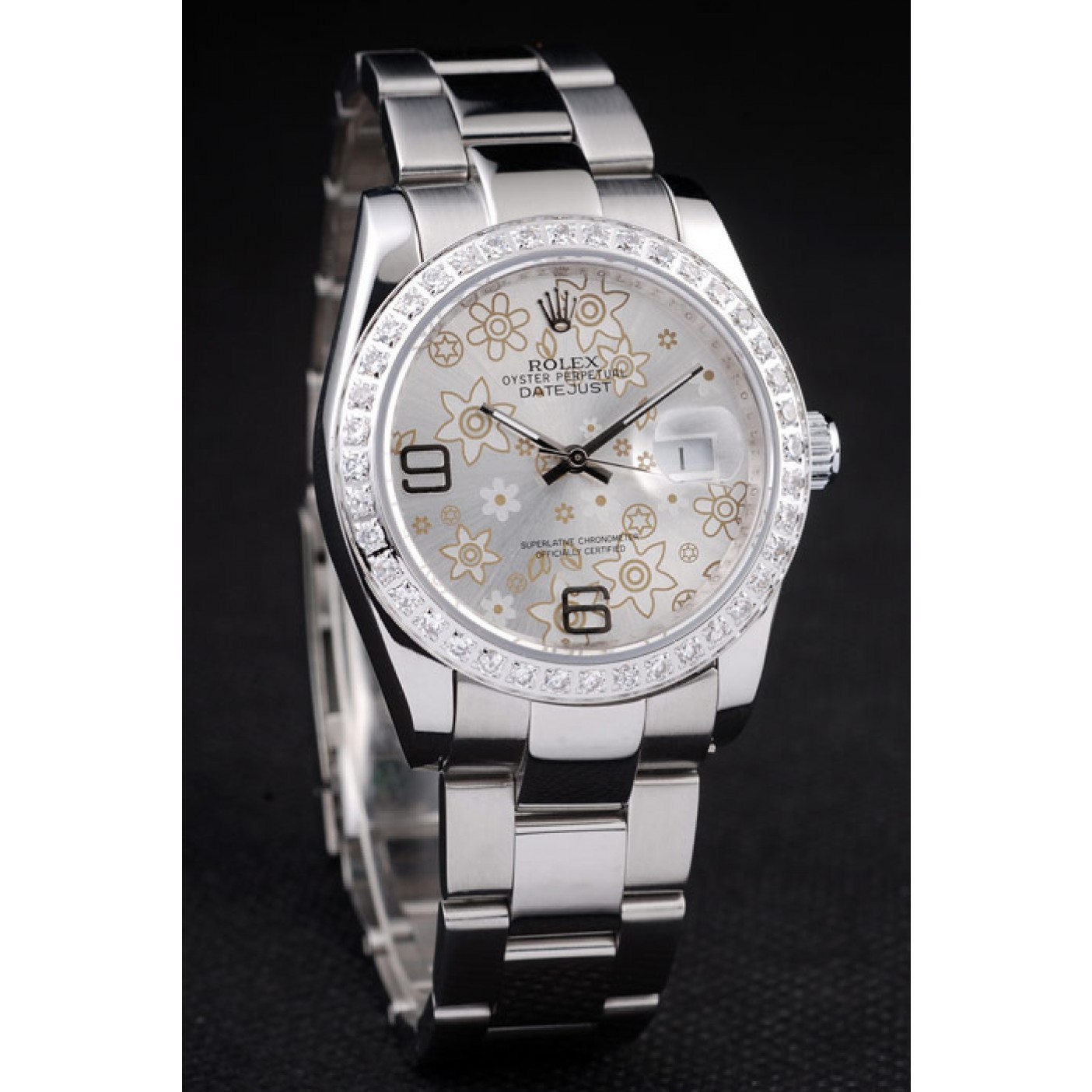 RepTime Watches Rolex Datejust Polished Stainless Steel Silver Flowers Dial Diamond Plated 98081