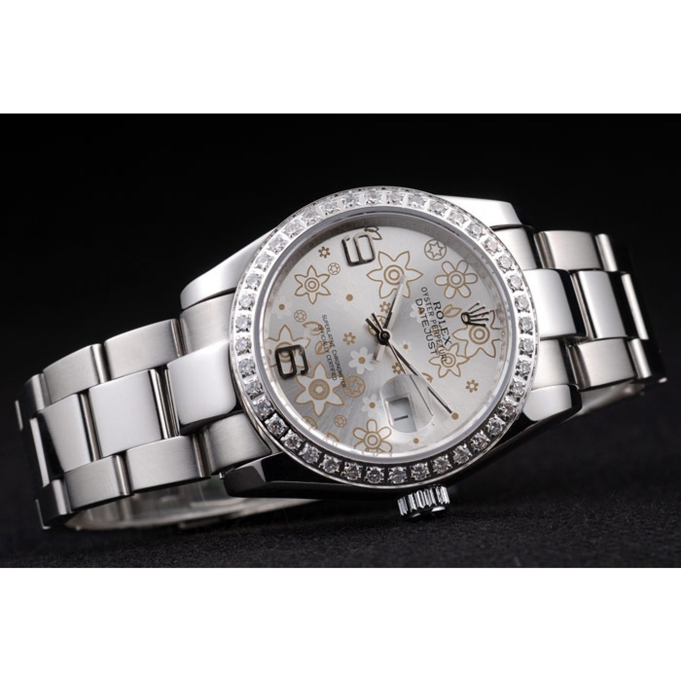 RepTime Watches Rolex Datejust Polished Stainless Steel Silver Flowers Dial Diamond Plated 98081