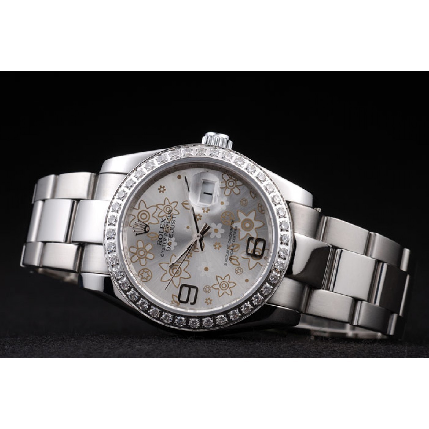 RepTime Watches Rolex Datejust Polished Stainless Steel Silver Flowers Dial Diamond Plated 98081