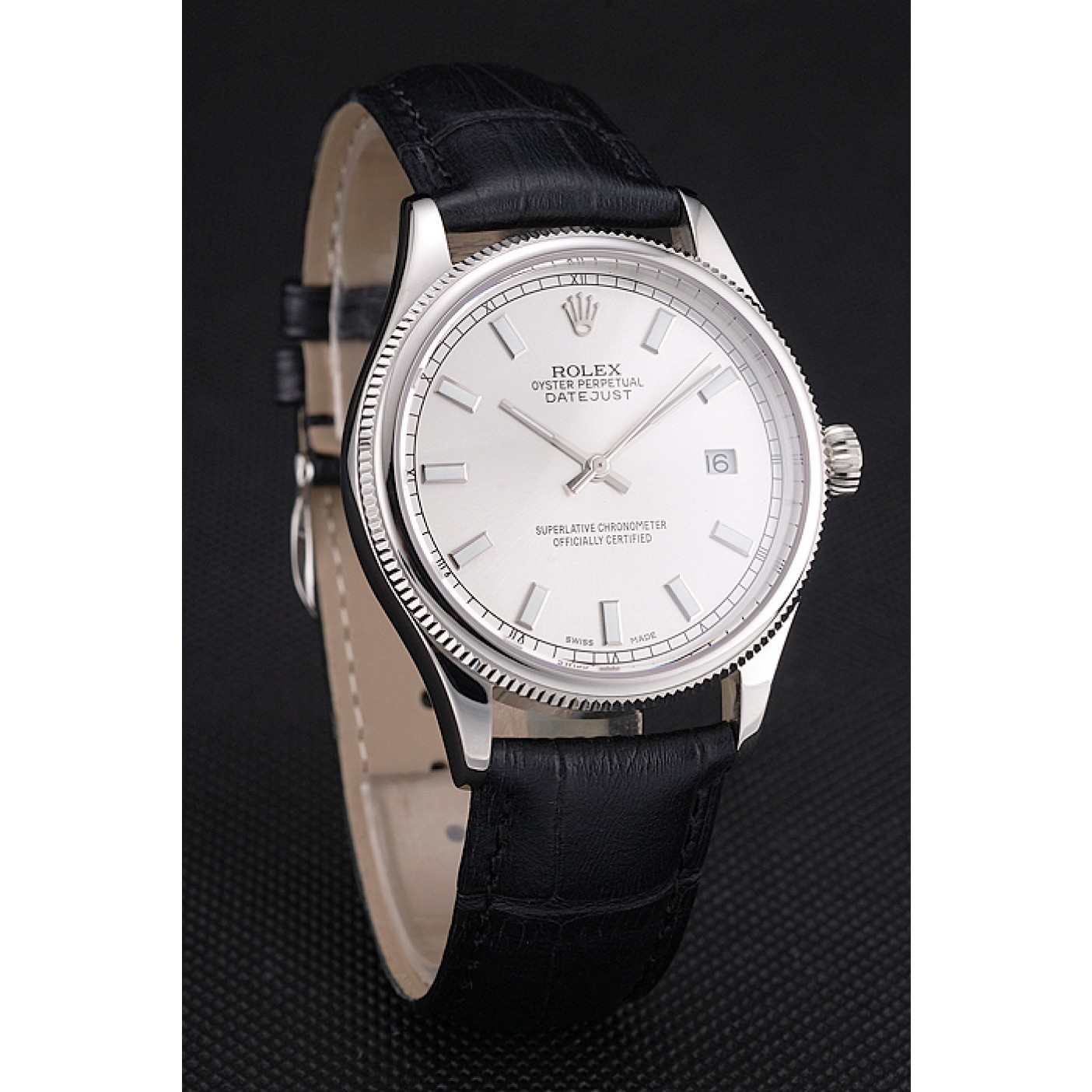 RepTime Watches Swiss Rolex Datejust White Dial Stainless Steel Case Black Leather Strap