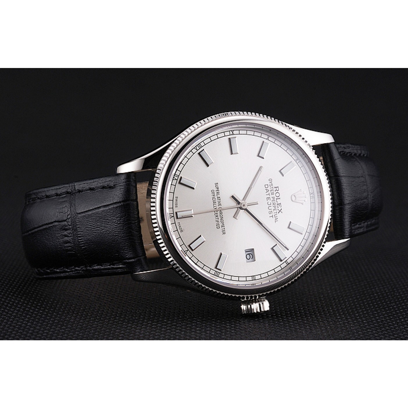 RepTime Watches Swiss Rolex Datejust White Dial Stainless Steel Case Black Leather Strap