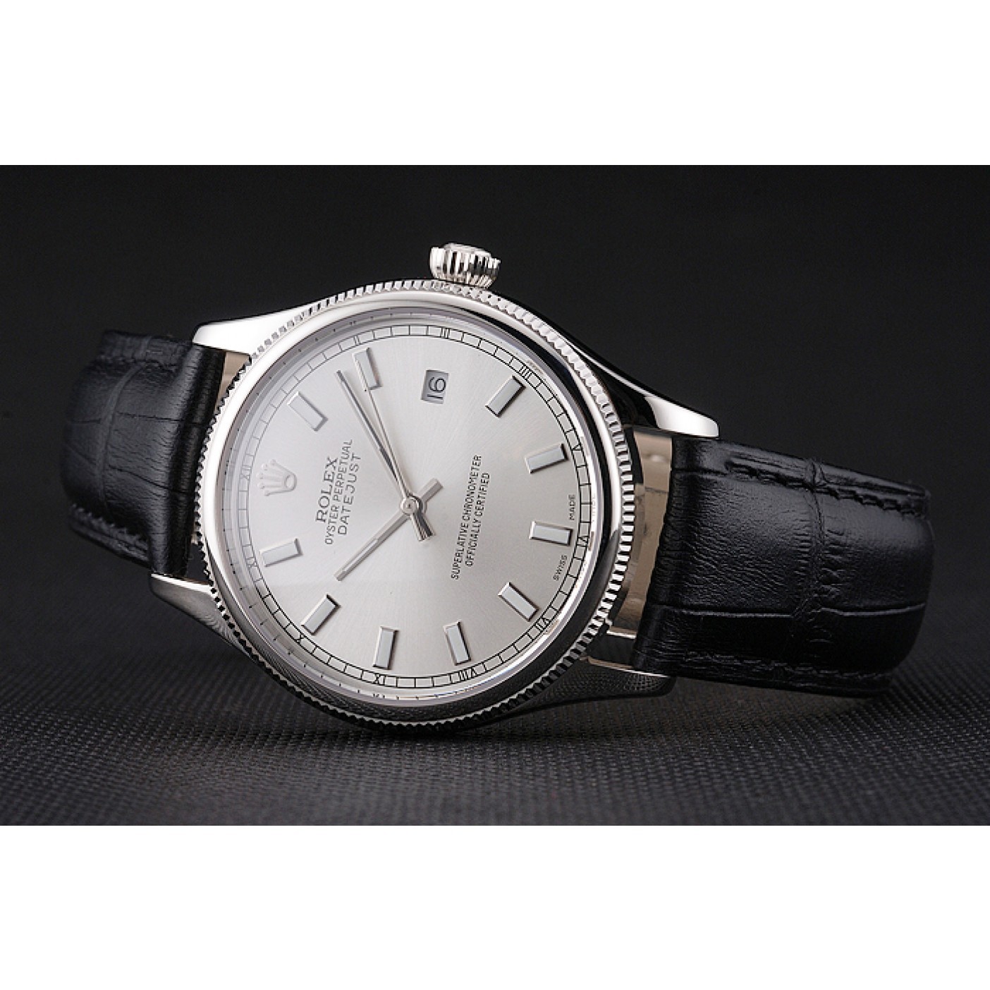 RepTime Watches Swiss Rolex Datejust White Dial Stainless Steel Case Black Leather Strap