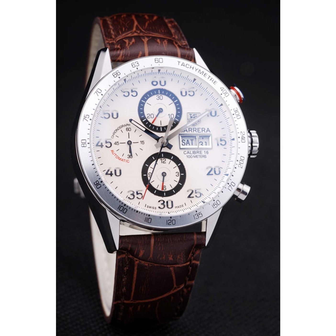 Tag Heuer Swiss Carrera Tachymeter Bezel Dark Brown Leather Strap White Dial