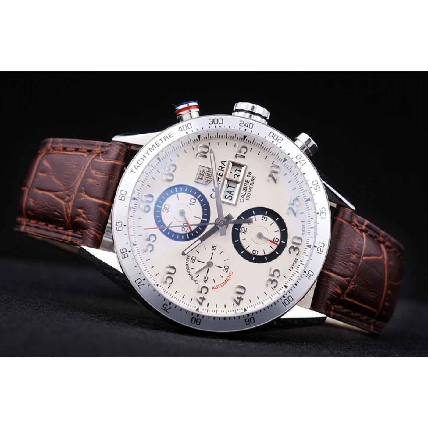 Tag Heuer Swiss Carrera Tachymeter Bezel Dark Brown Leather Strap White Dial