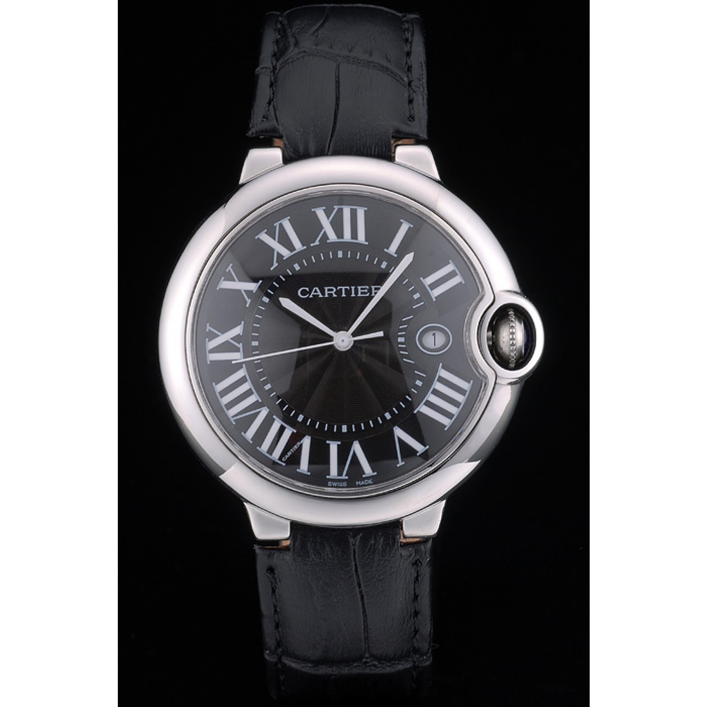 Cartier Ballon Bleu 42mm Black Dial Stainless Steel Case Black Leather Bracelet