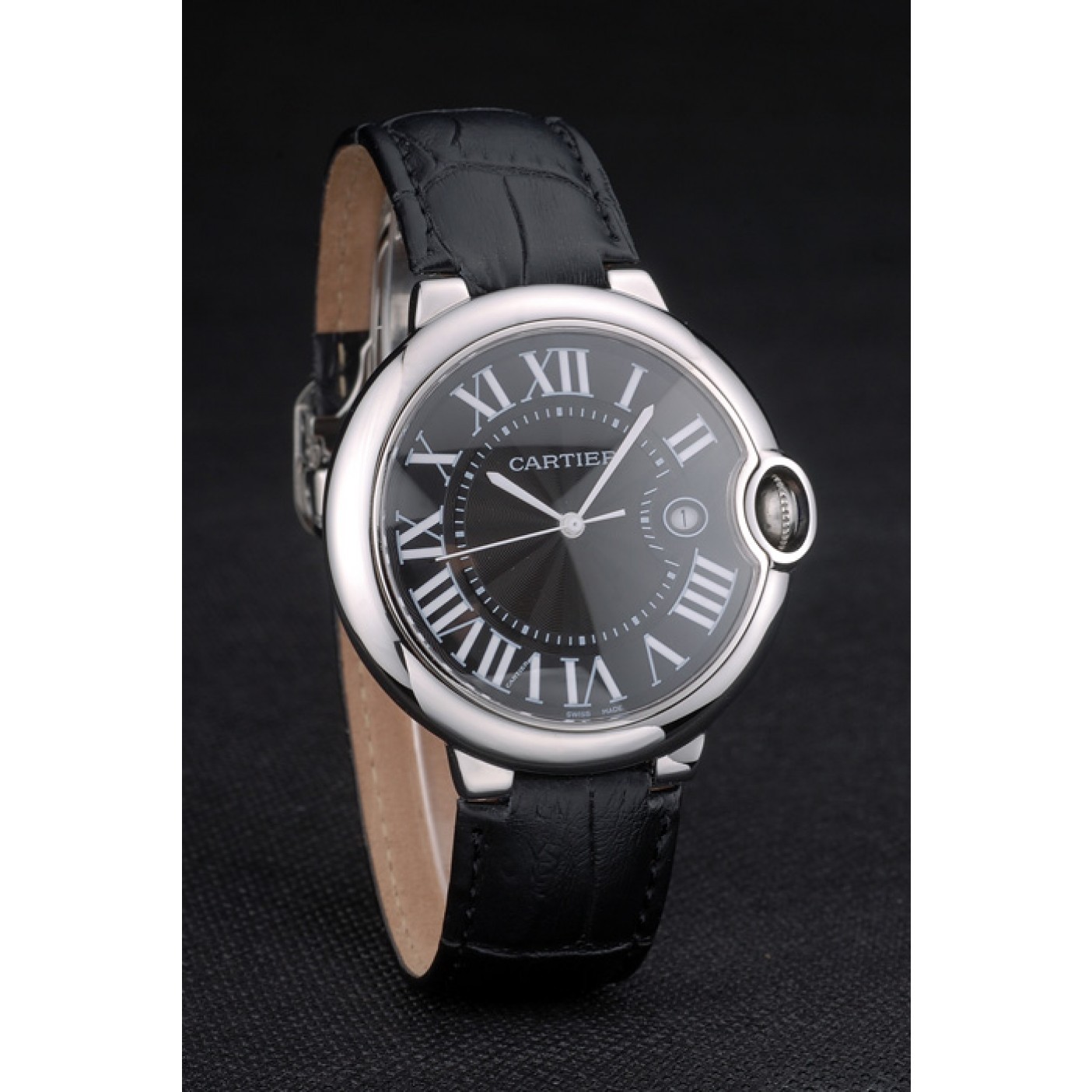 Cartier Ballon Bleu 42mm Black Dial Stainless Steel Case Black Leather Bracelet