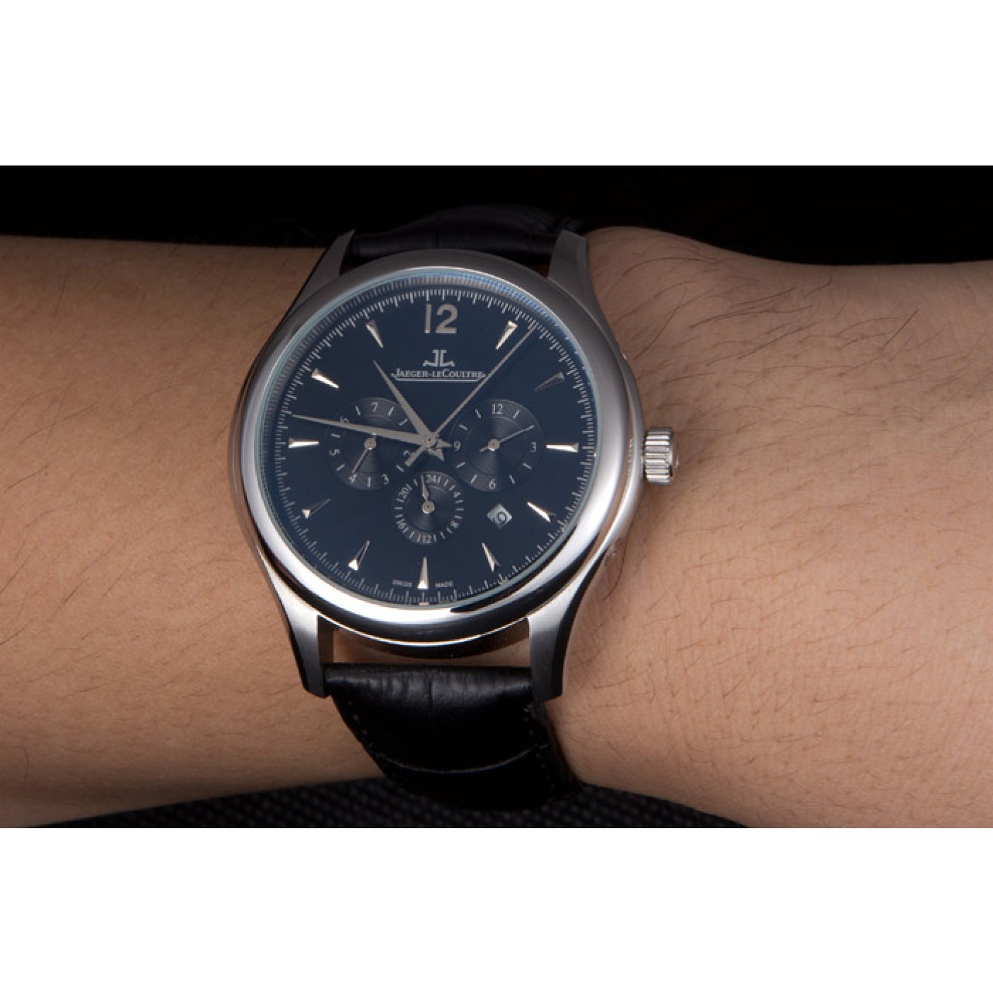 Jaeger Lecoultre Master Chronograph Silver Bezel Black Leather Band 621620