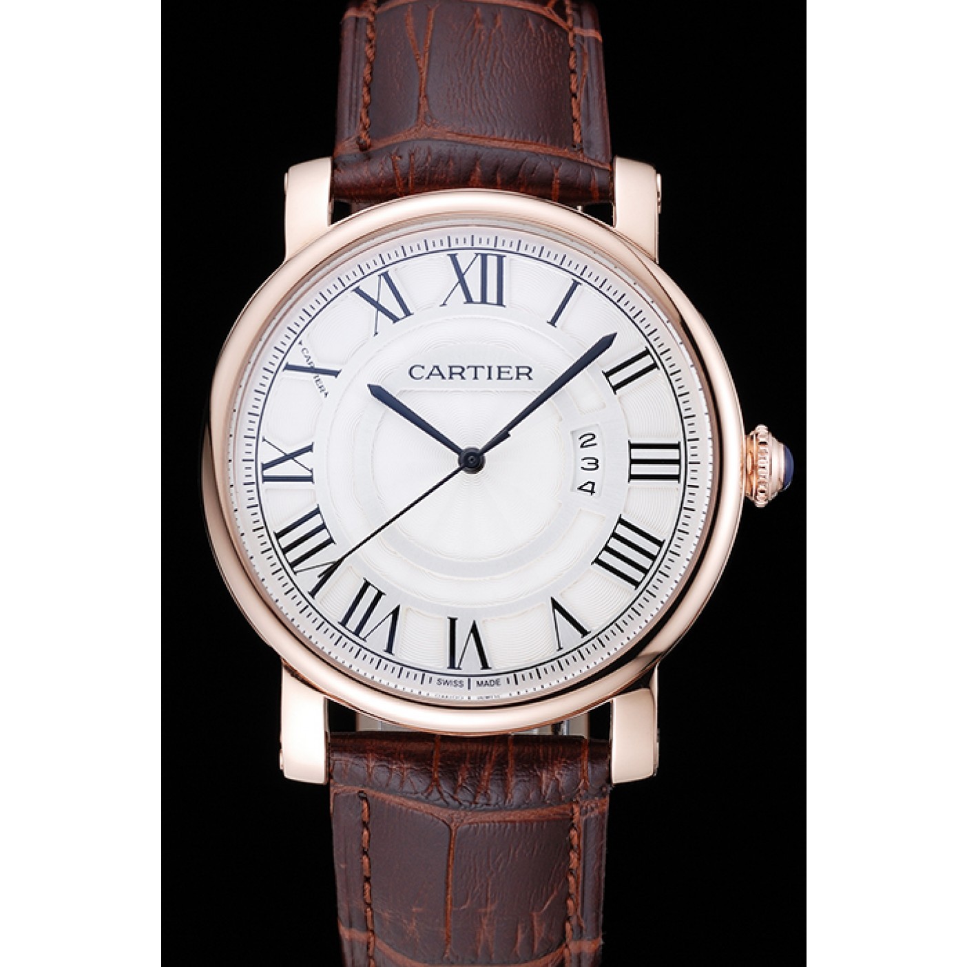 Cartier Rotonde White Dial Gold Case Brown Leather Bracelet 1454221