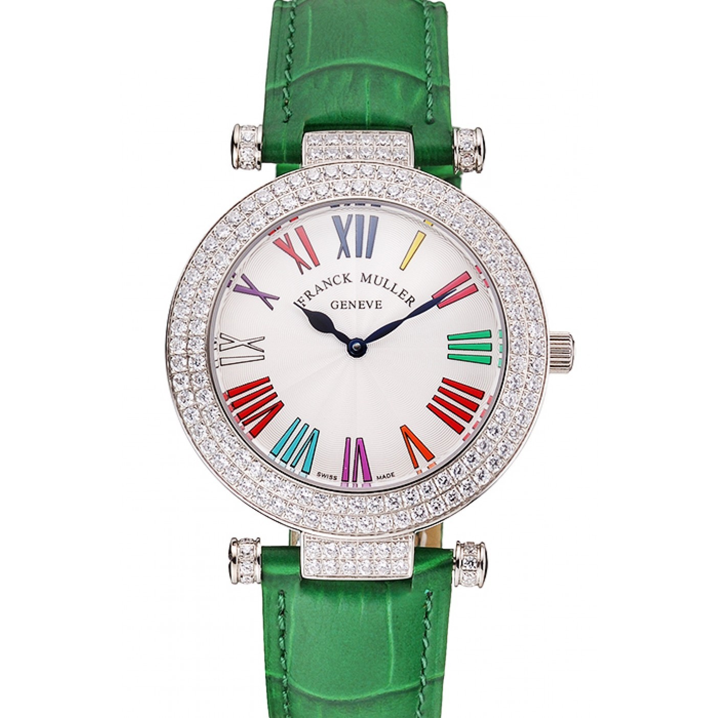 Franck Muller Double Mistery Ronde White Dial Stainless Steel Case Green Leather Strap