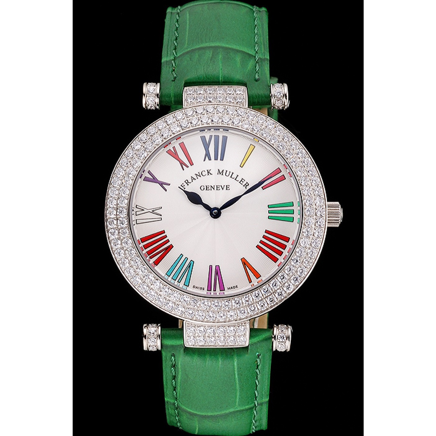 Franck Muller Double Mistery Ronde White Dial Stainless Steel Case Green Leather Strap