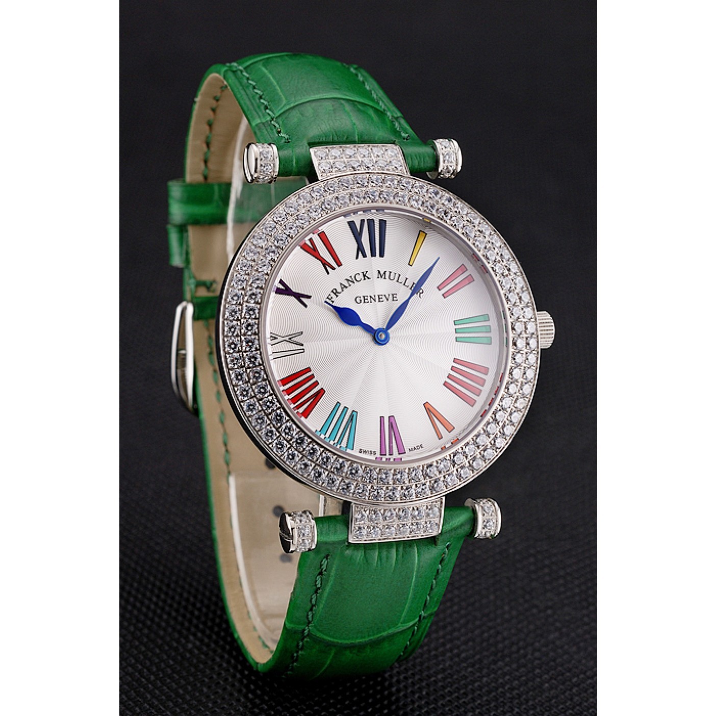 Franck Muller Double Mistery Ronde White Dial Stainless Steel Case Green Leather Strap