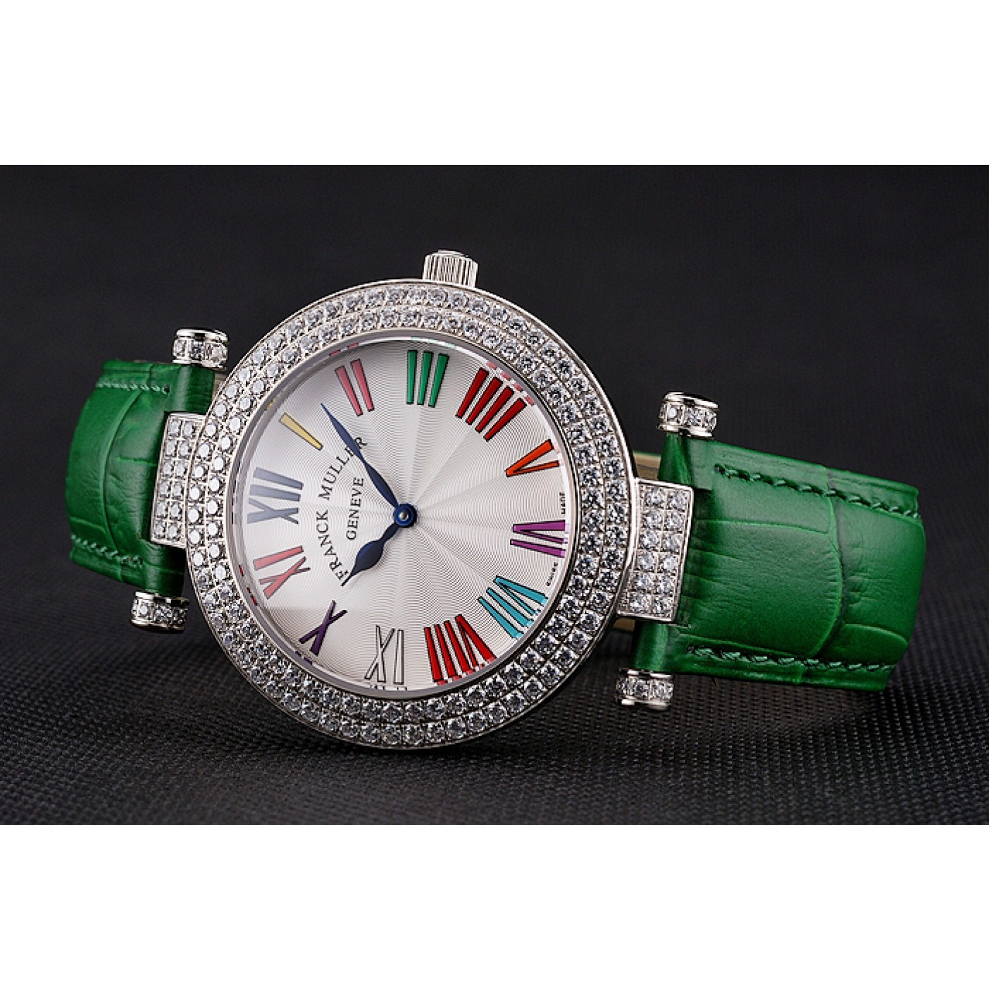 Franck Muller Double Mistery Ronde White Dial Stainless Steel Case Green Leather Strap