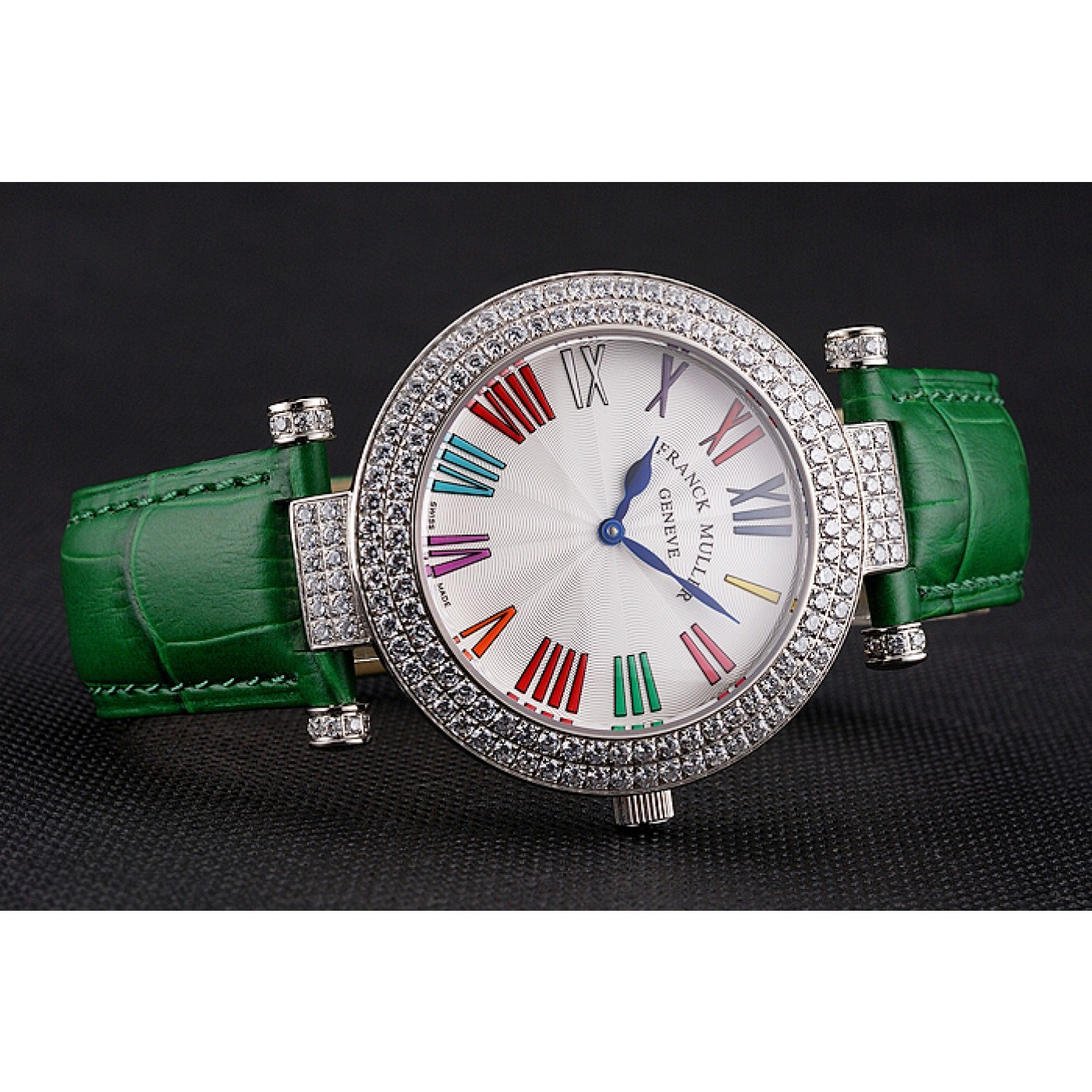 Franck Muller Double Mistery Ronde White Dial Stainless Steel Case Green Leather Strap