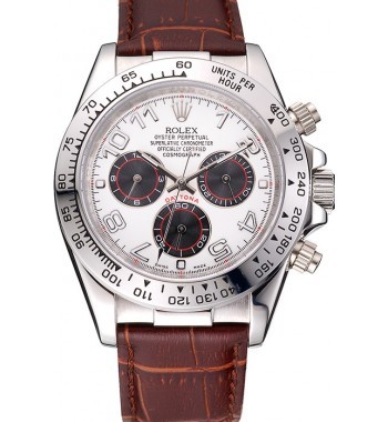 RepTime Watches Rolex Daytona Stainless Steel Case White Dial Brown Leather Strap