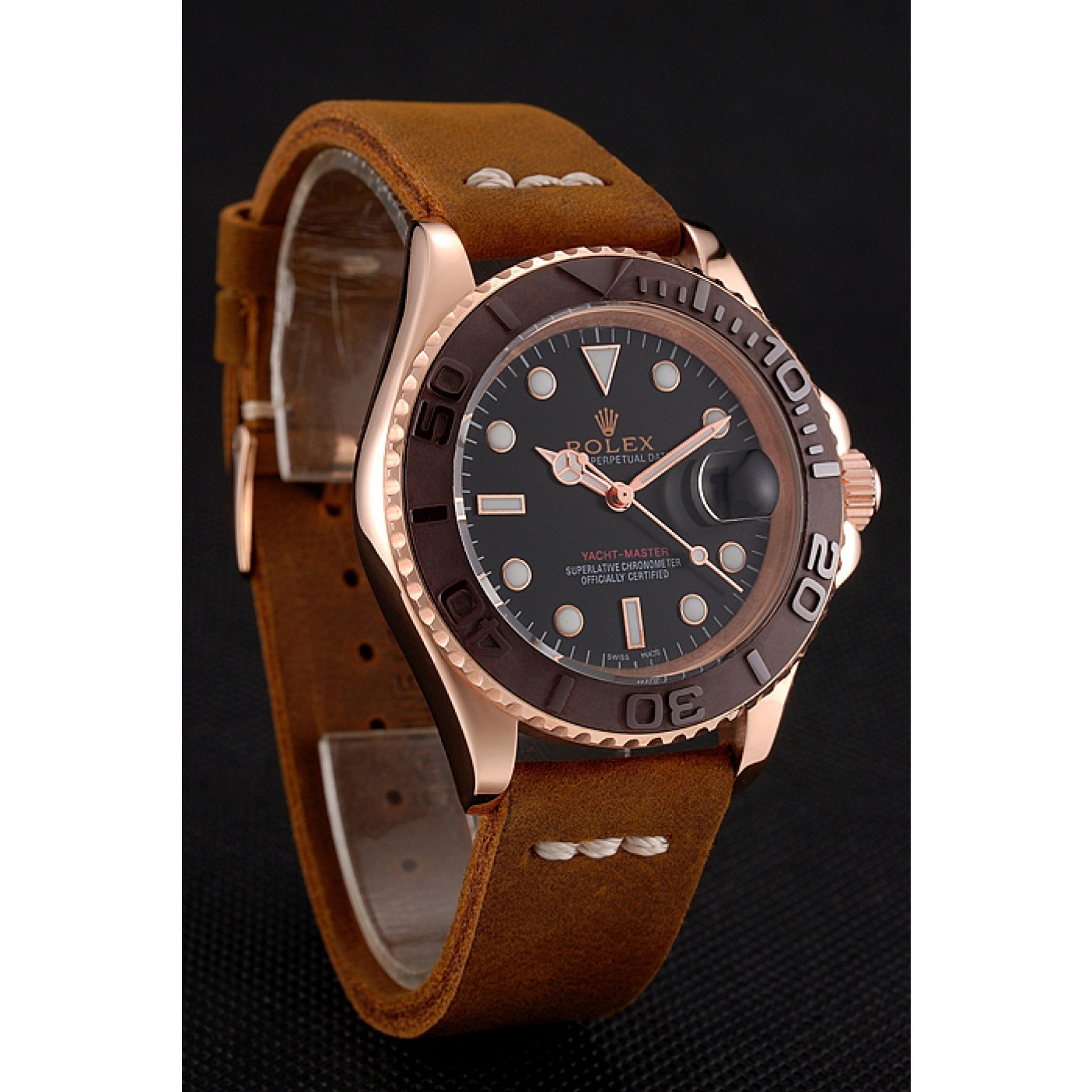 Rolex Yacht Master Black Dial Brown Bezel Rose Gold Case Brown Leather Bracelet 1453860