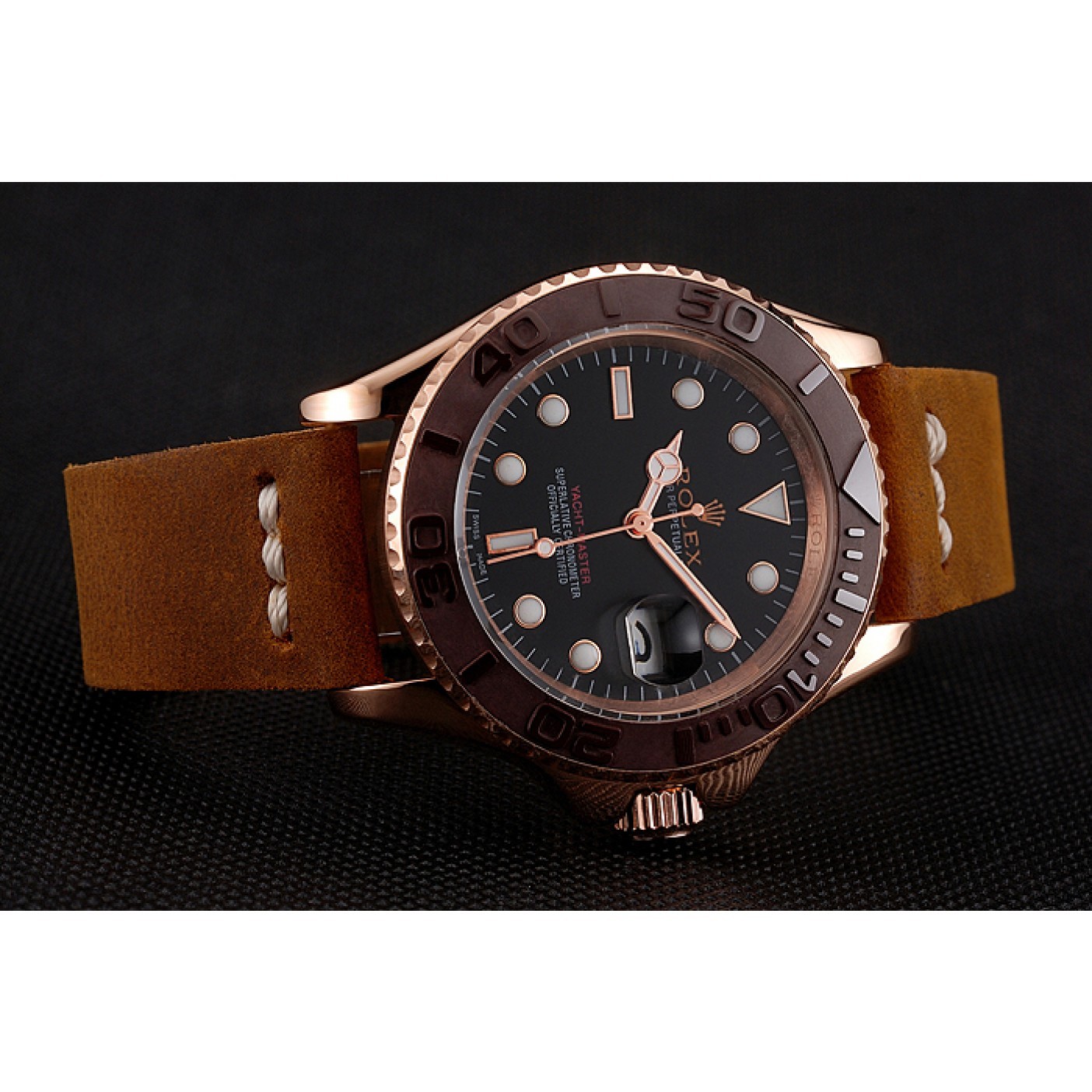 Rolex Yacht Master Black Dial Brown Bezel Rose Gold Case Brown Leather Bracelet 1453860