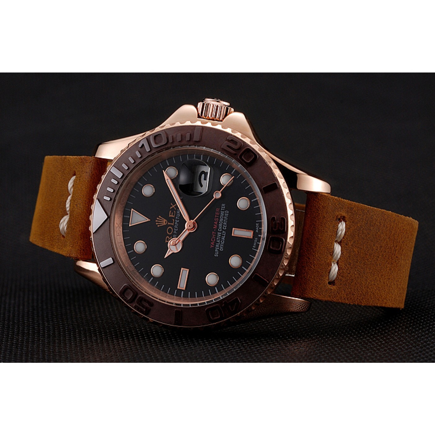 Rolex Yacht Master Black Dial Brown Bezel Rose Gold Case Brown Leather Bracelet 1453860