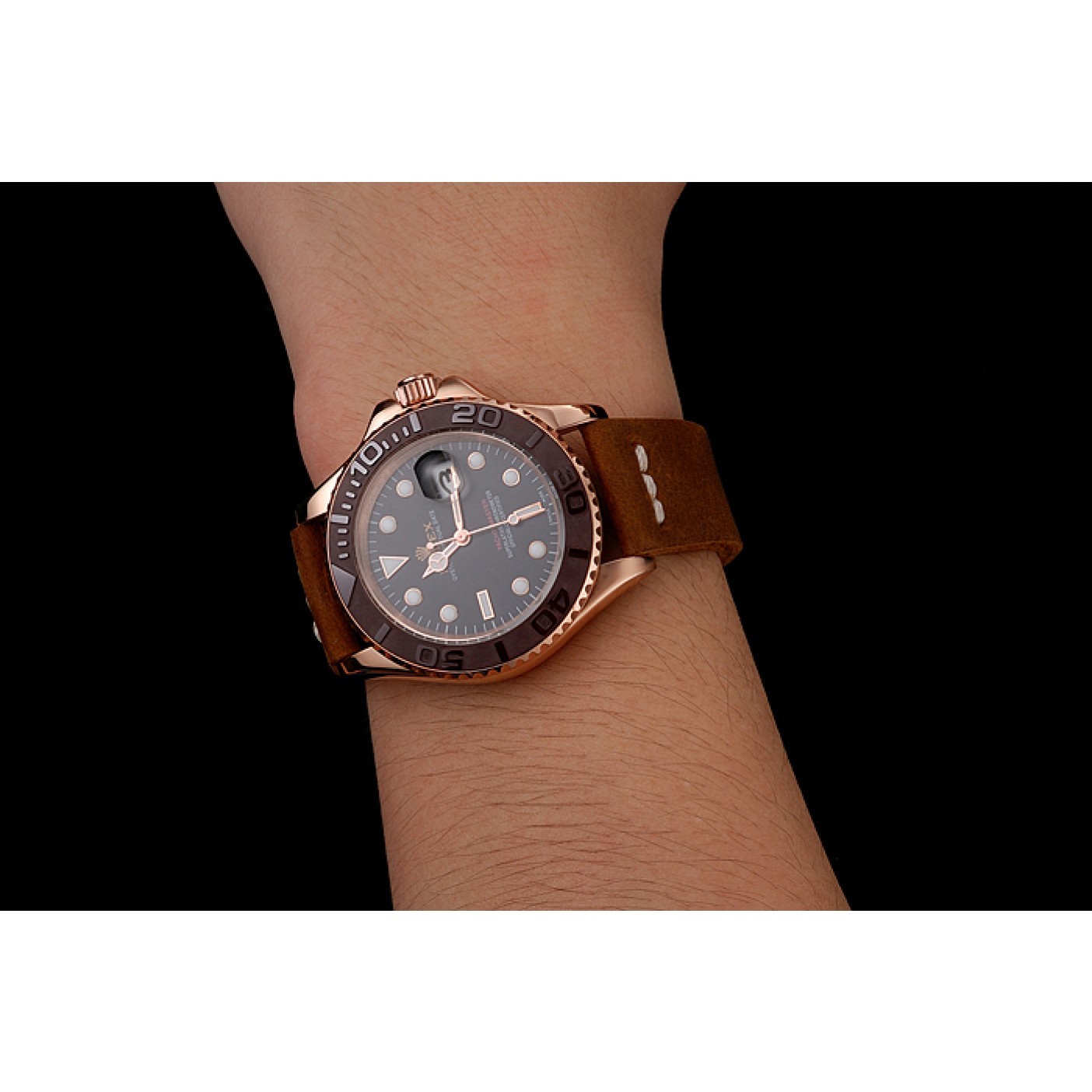 Rolex Yacht Master Black Dial Brown Bezel Rose Gold Case Brown Leather Bracelet 1453860