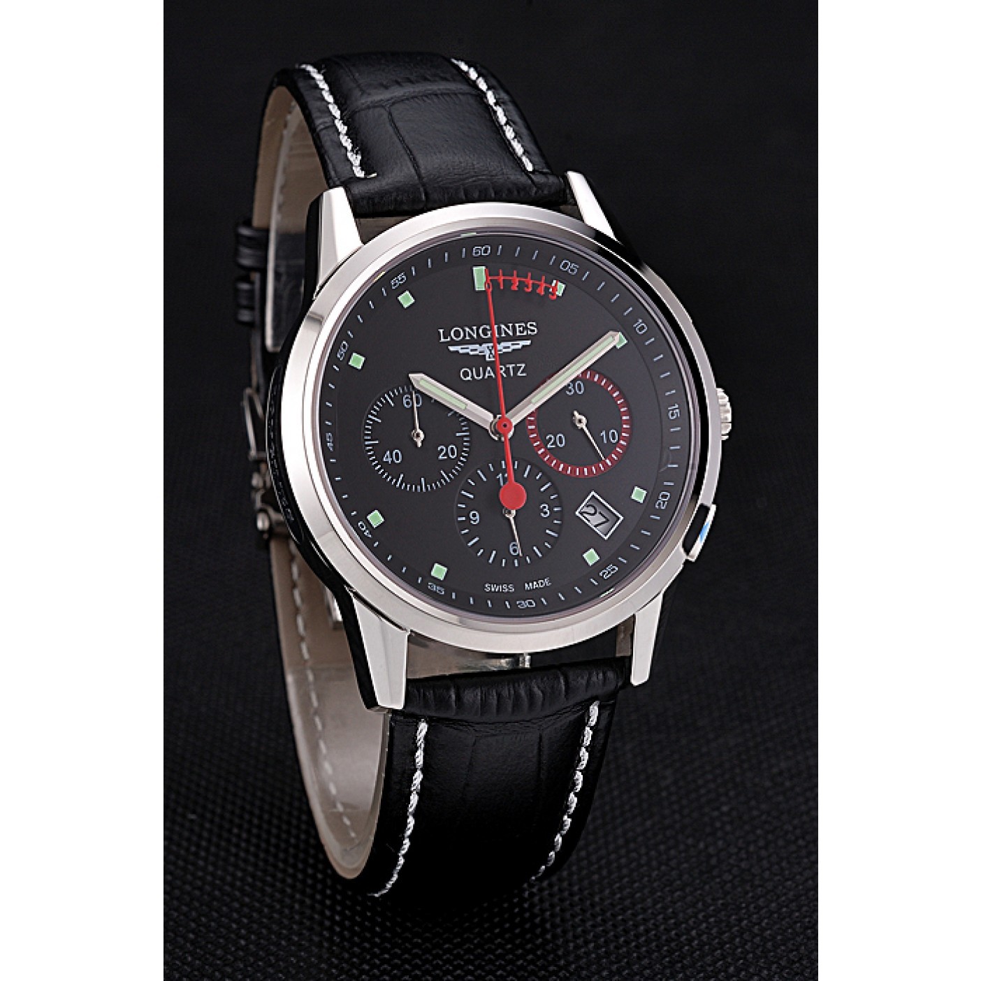 Longines Column Wheel Black Dial Silver Stainless Steel Case Black Leather Strap