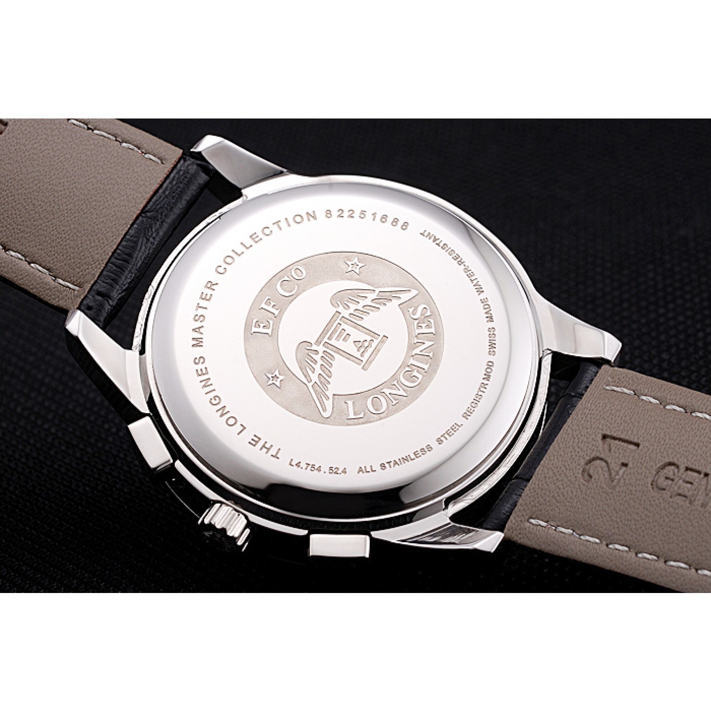 Longines Column Wheel Black Dial Silver Stainless Steel Case Black Leather Strap