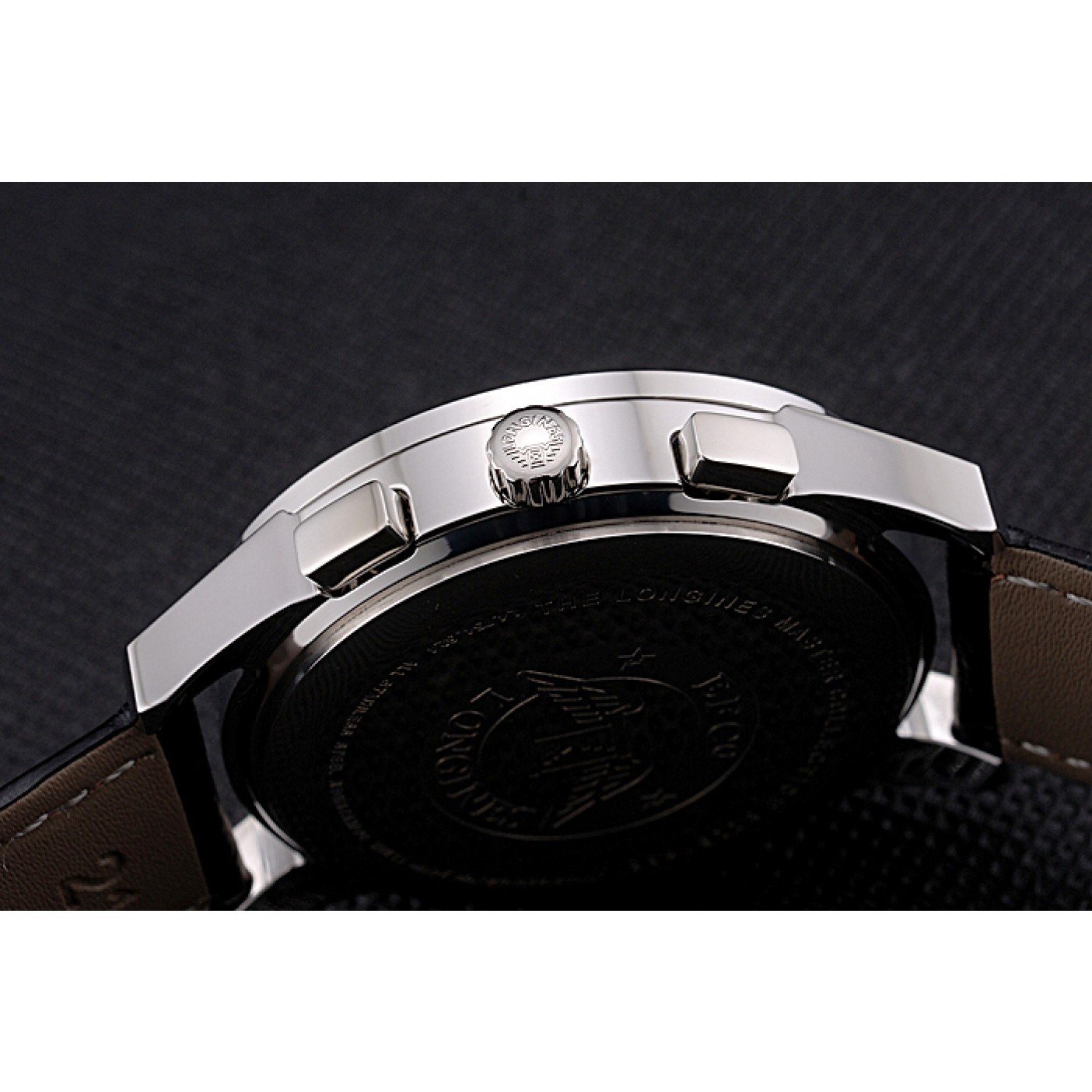 Longines Column Wheel Black Dial Silver Stainless Steel Case Black Leather Strap