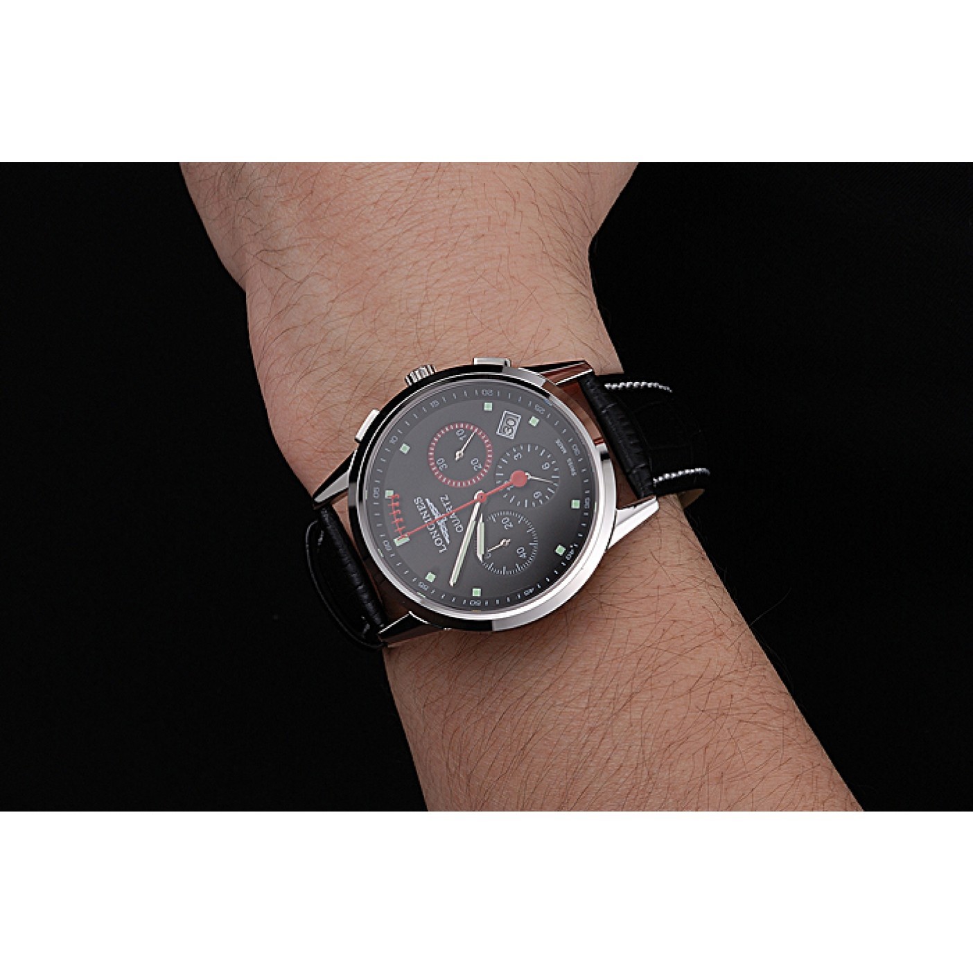 Longines Column Wheel Black Dial Silver Stainless Steel Case Black Leather Strap