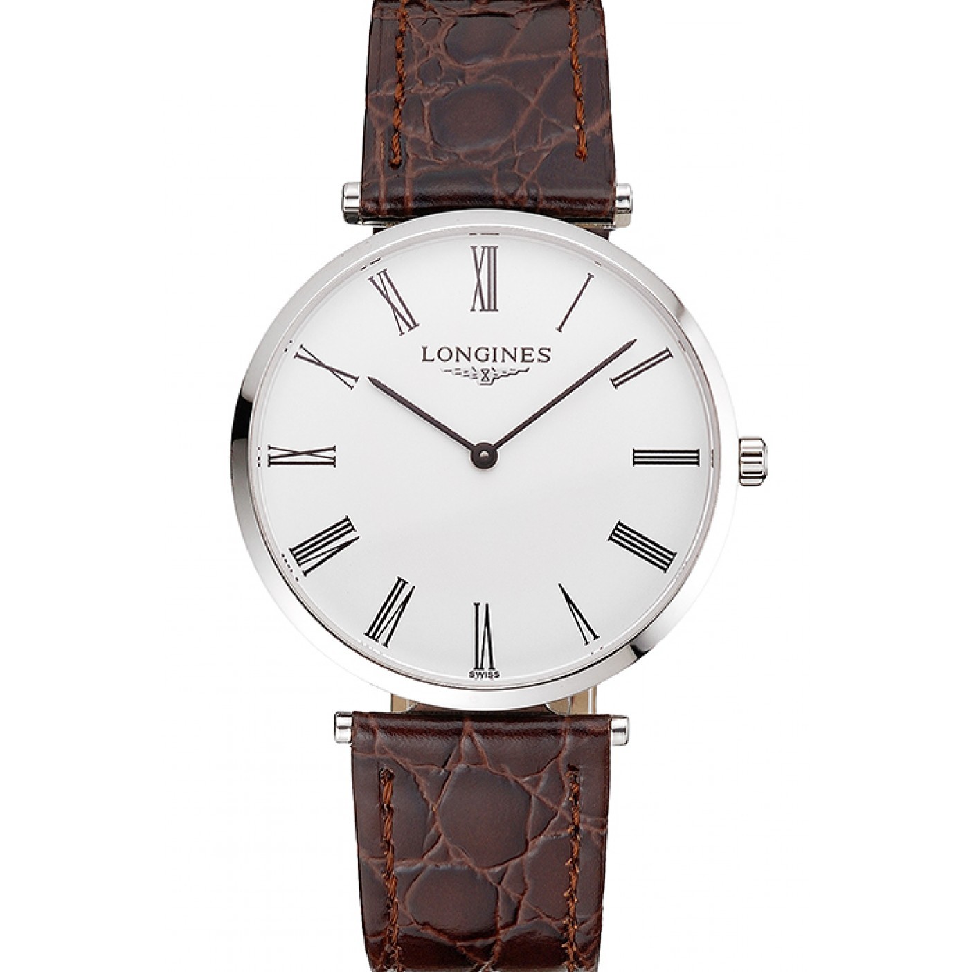 Swiss Longines Grande Classique White Dial Roman Numerals Stainless Steel Case Brown Leather Strap