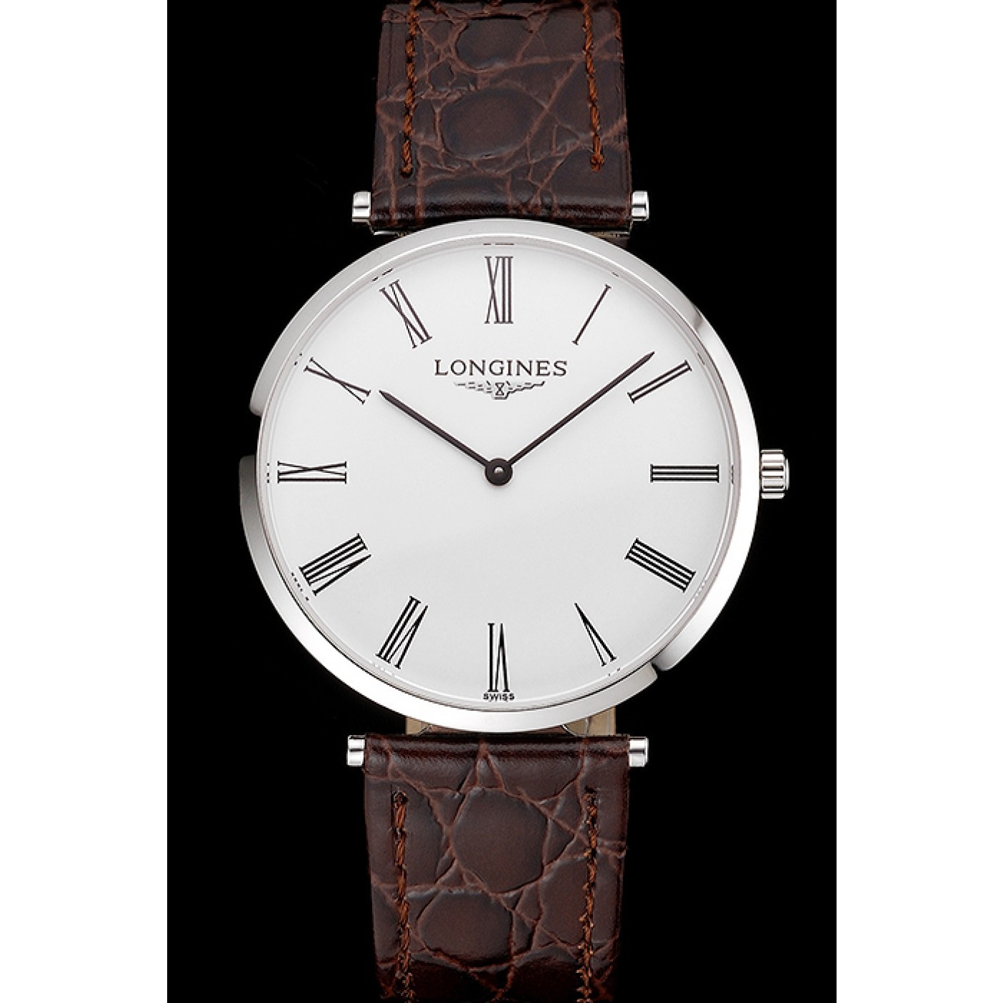 Swiss Longines Grande Classique White Dial Roman Numerals Stainless Steel Case Brown Leather Strap