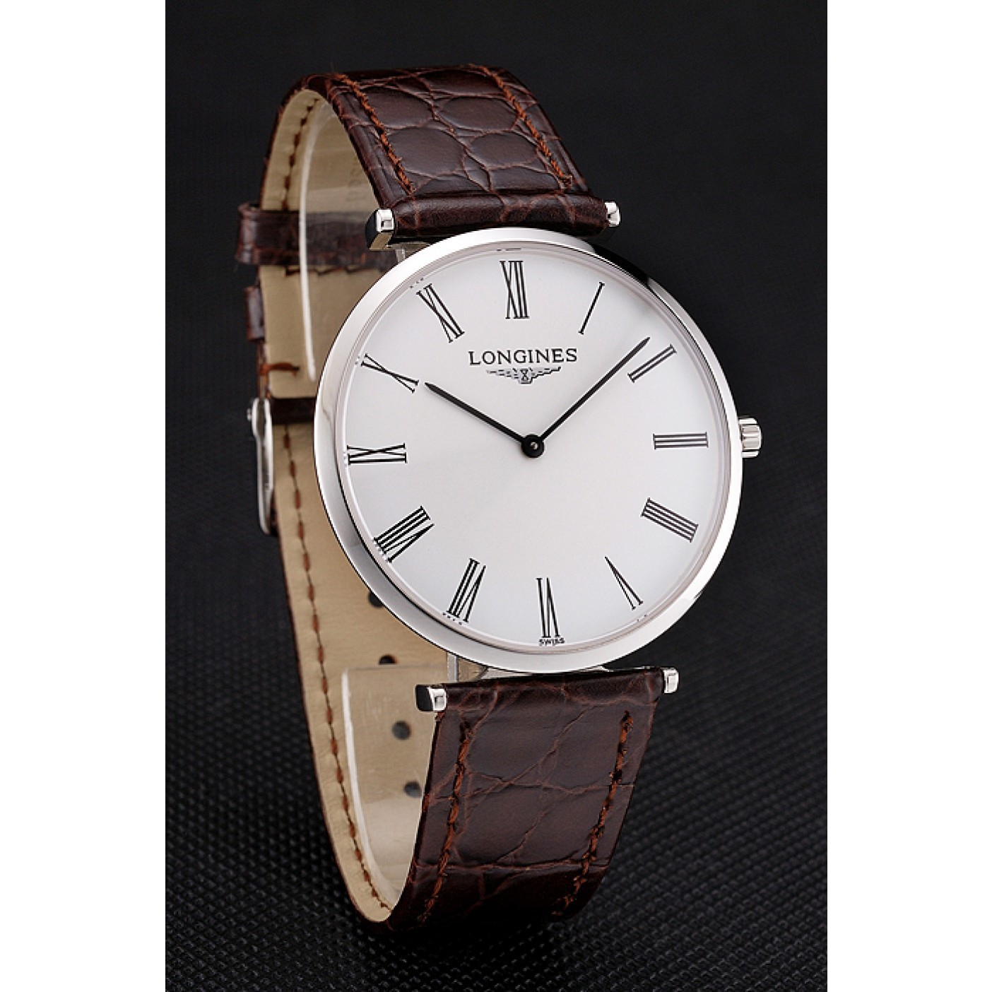 Swiss Longines Grande Classique White Dial Roman Numerals Stainless Steel Case Brown Leather Strap