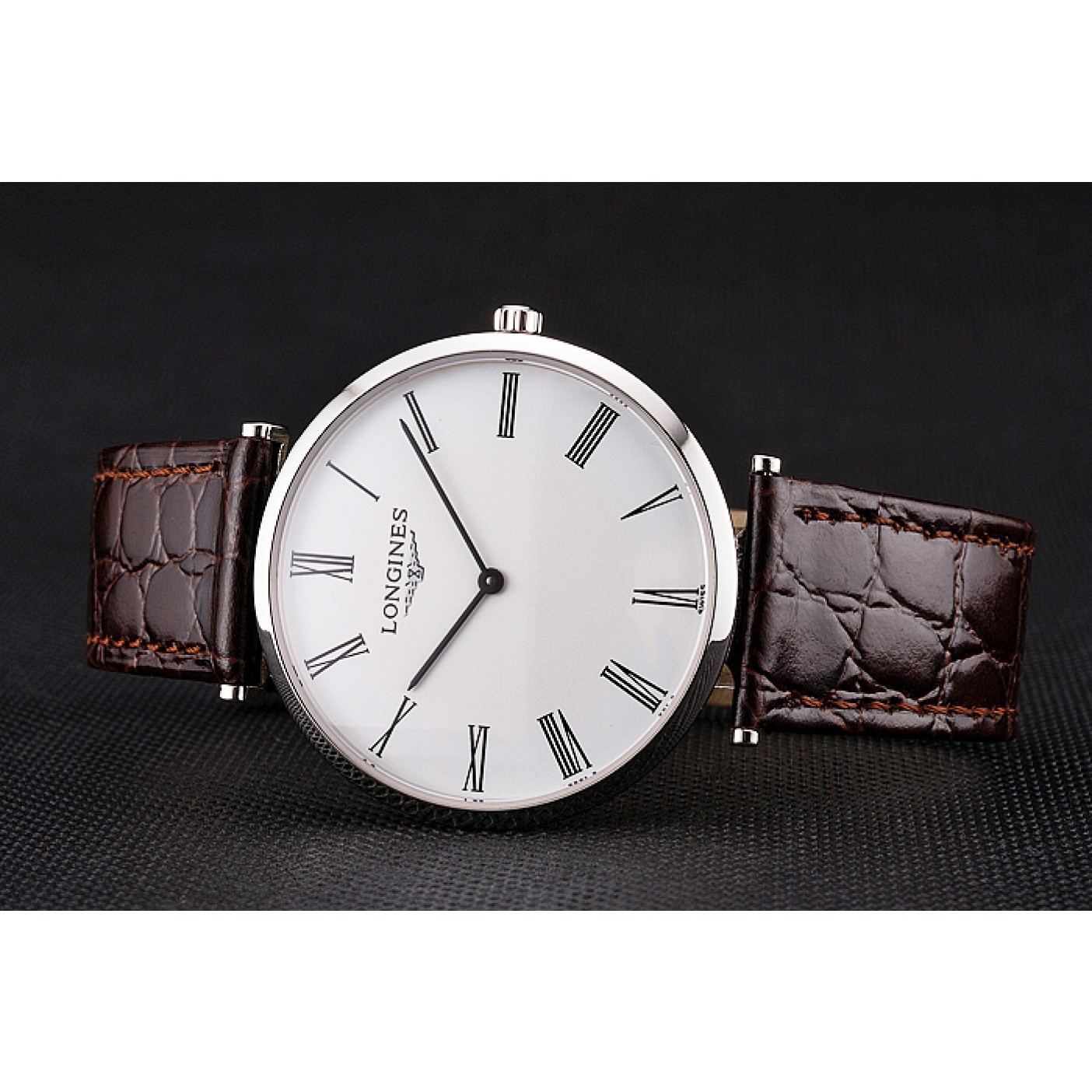 Swiss Longines Grande Classique White Dial Roman Numerals Stainless Steel Case Brown Leather Strap