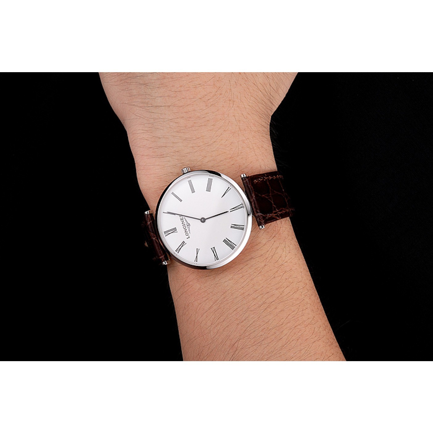 Swiss Longines Grande Classique White Dial Roman Numerals Stainless Steel Case Brown Leather Strap