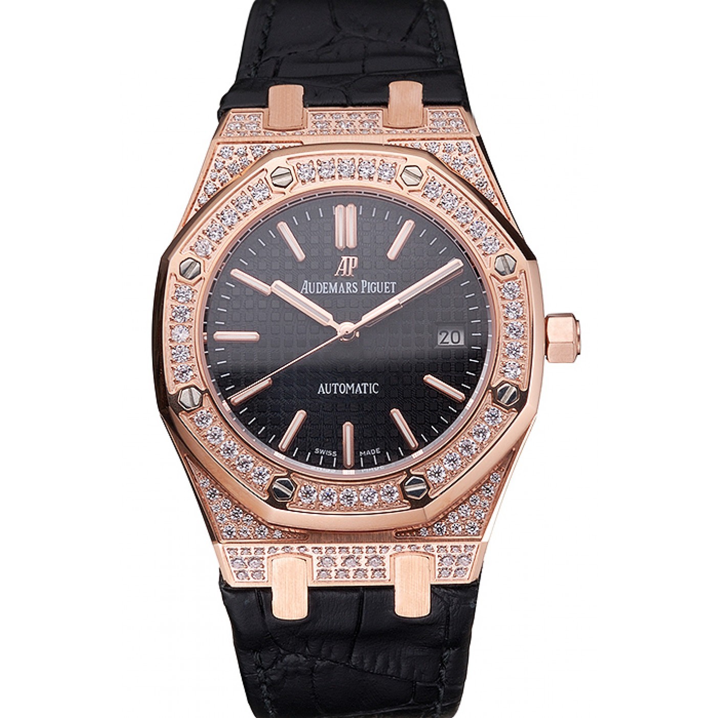 Swiss Audemars Piguet Royal Oak Black Dial Gold Case With Diamonds Black Leather Strap