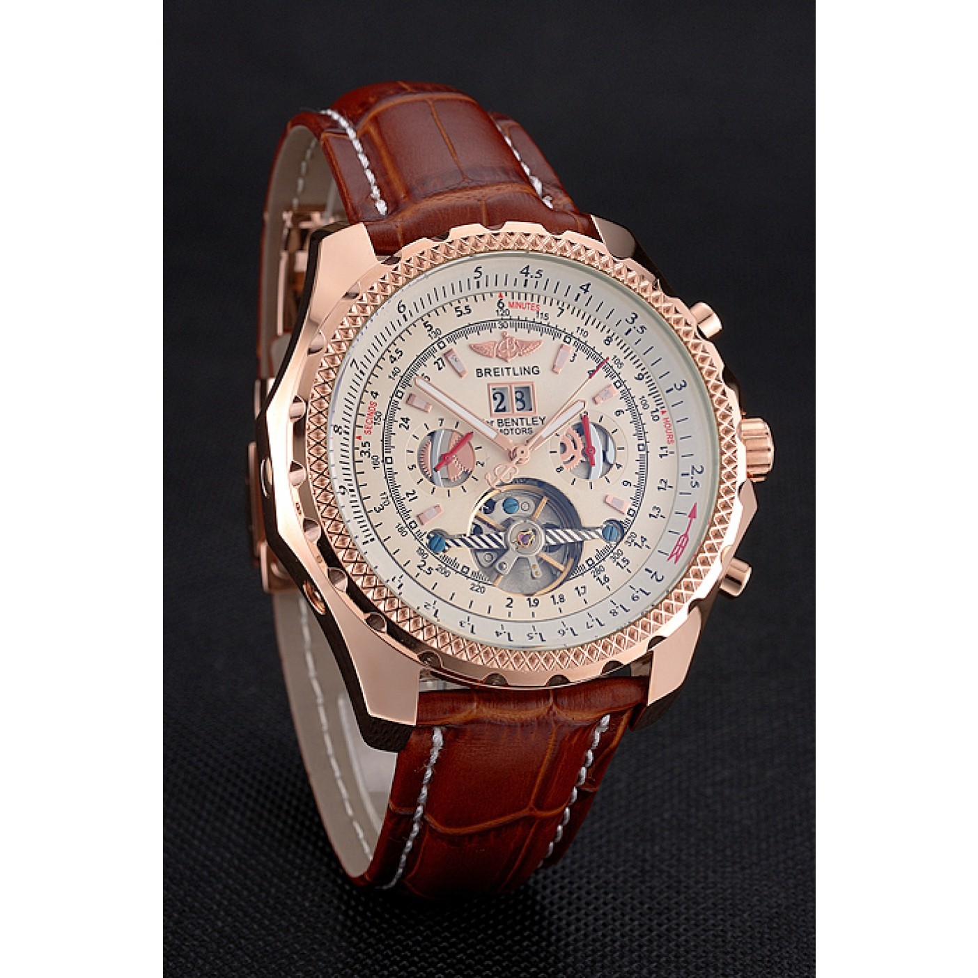 Breitling For Bentley Mulliner Tourbillon White Dial Rose Gold Case Brown Leather Strap