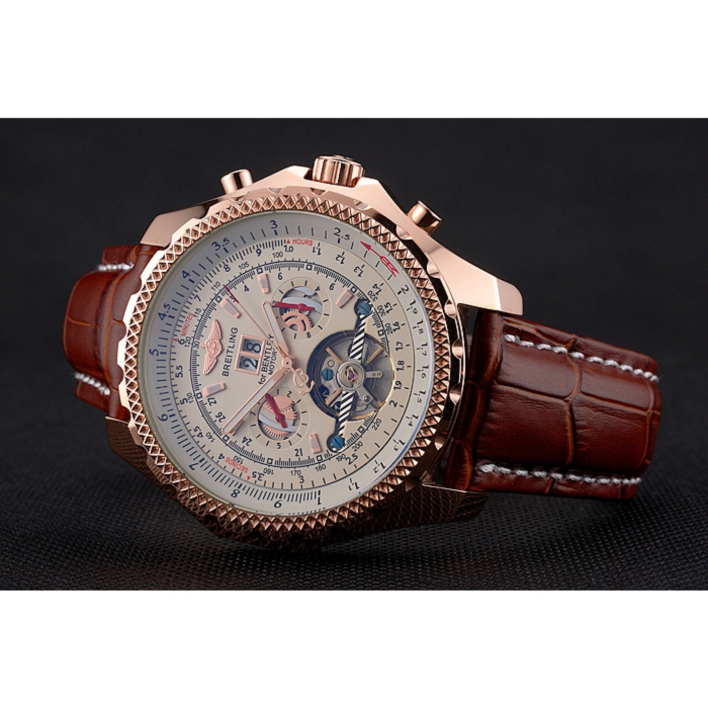 Breitling For Bentley Mulliner Tourbillon White Dial Rose Gold Case Brown Leather Strap