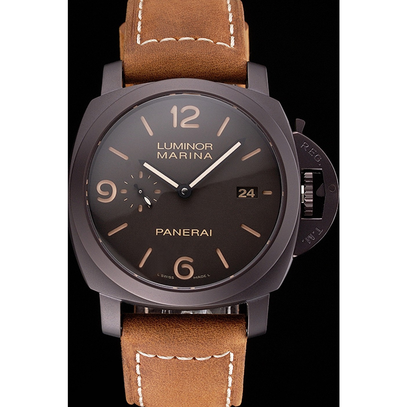 Swiss Panerai Luminor Marina 1950 3 Days Brown Dial Black Case Brown Leather Strap