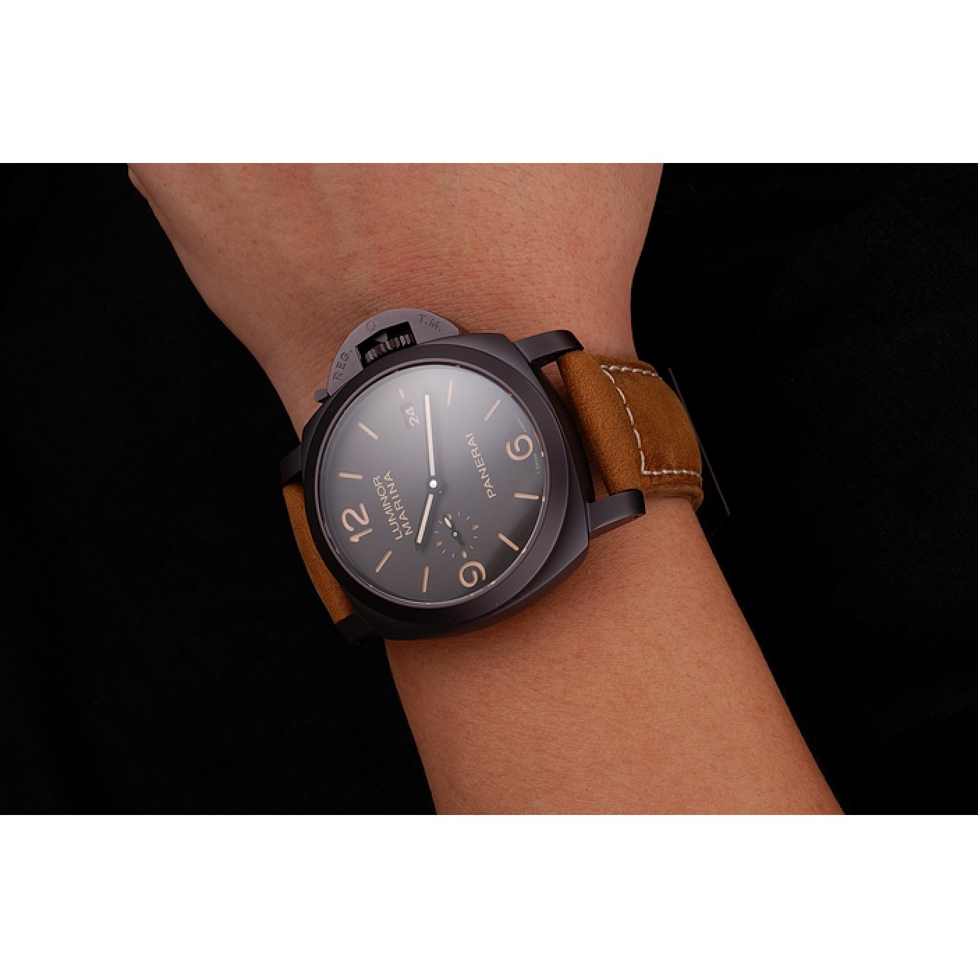 Swiss Panerai Luminor Marina 1950 3 Days Brown Dial Black Case Brown Leather Strap